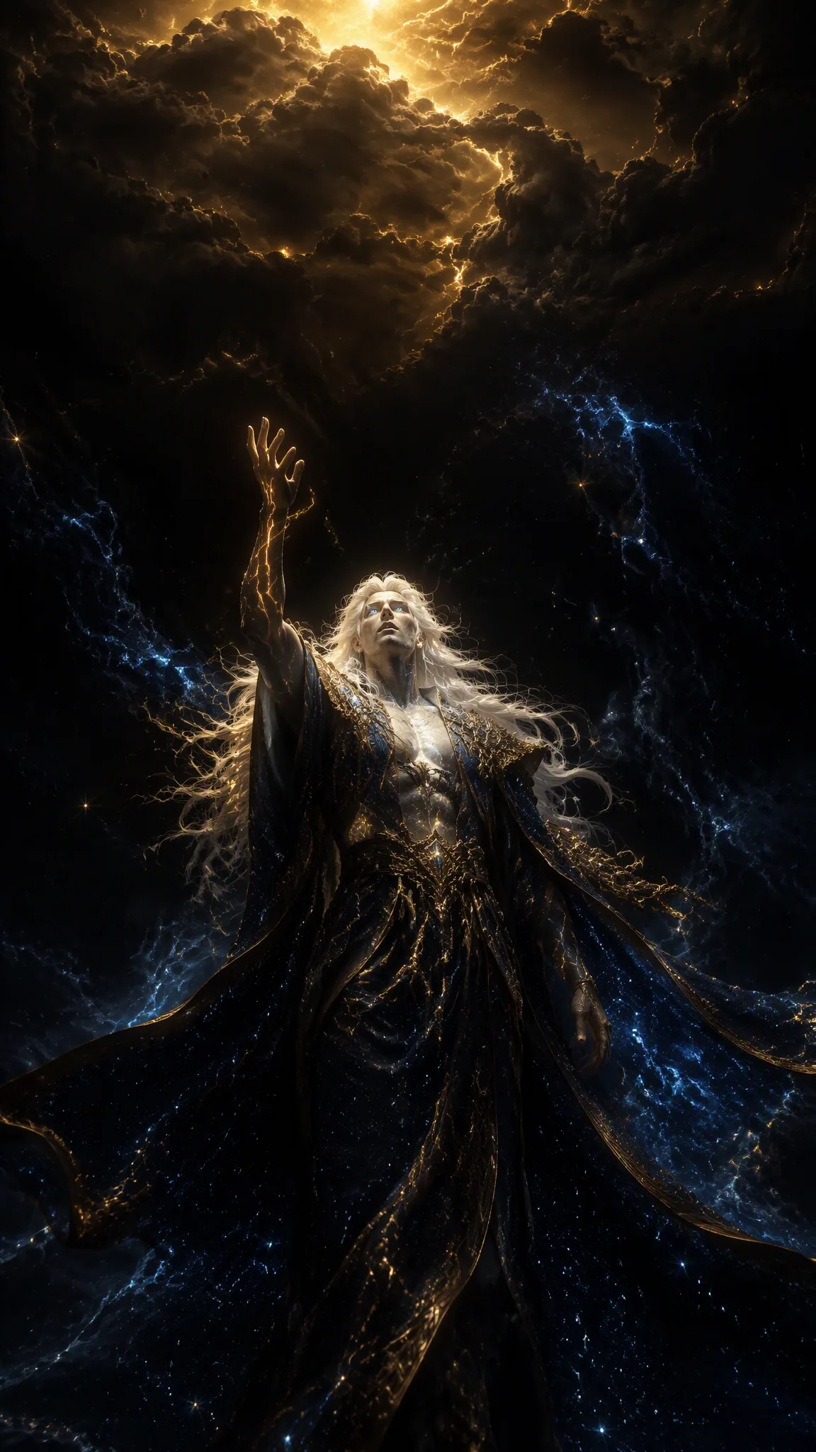 THE FIRST, using the exact uploaded MASTER CHARACTER REFERENCE, standing alone in the primordial darkness, ra… - AI prompt reference from CC Prompt Galaxy