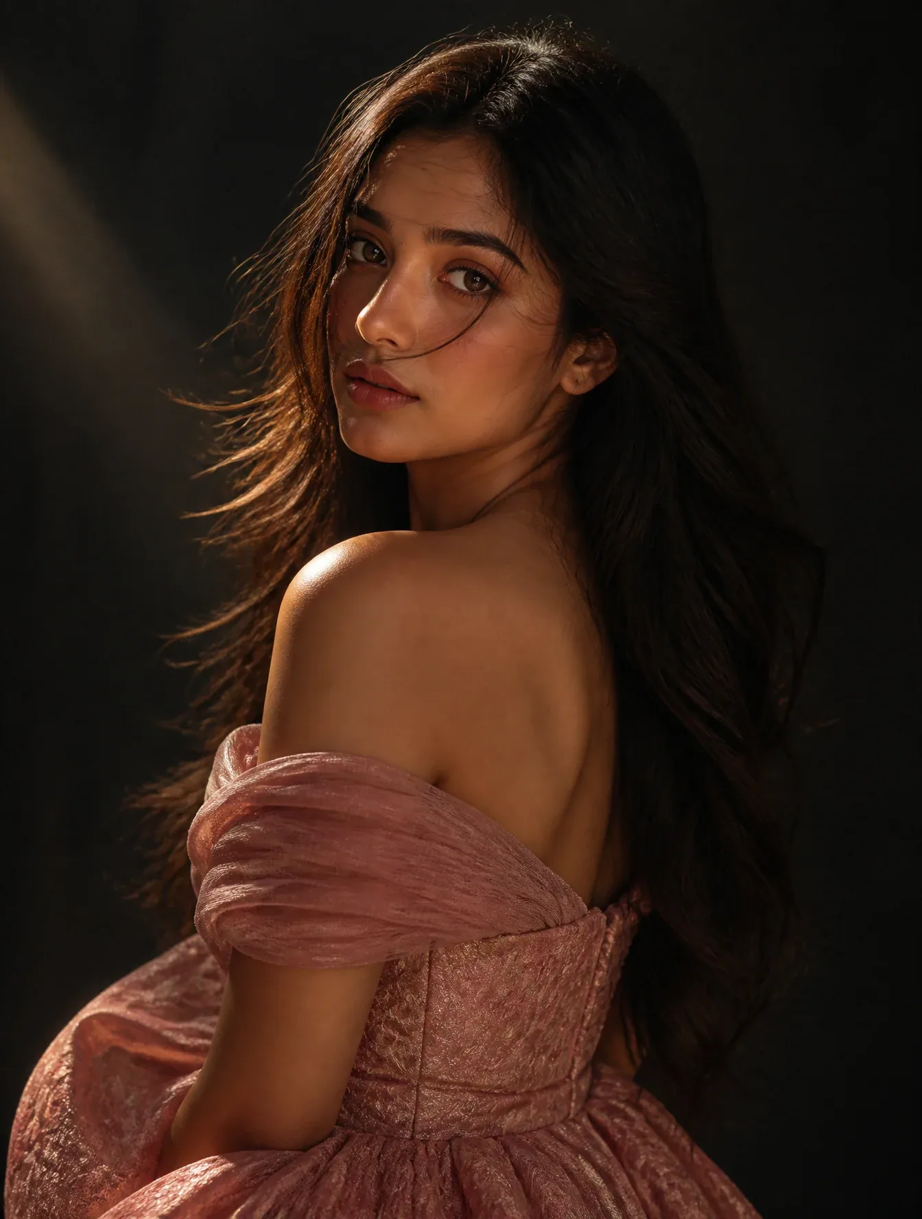 A high-fashion magazine style portrait of a young woman with long, dark, flowing hair and soft wisps blowing … - AI提示词参考图，来自西西提示词