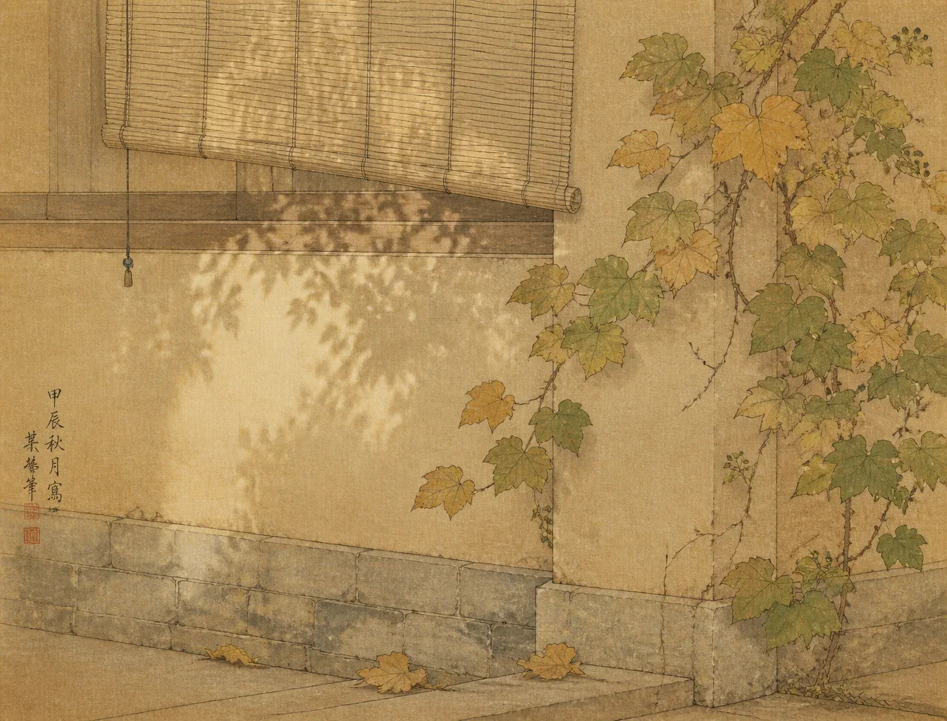 中国工笔人物插画，细线勾勒，平涂设色，绢本米黄底色，老宅院墙一隅，竹帘低垂下细密影纹，墙角一蓬爬山虎叶片半黄，日色淡淡染过青砖墙脚，落叶二三片贴着墙脚，近景构图，线条工整细腻，设色清雅淡和，画面有静气与古意，绢本质感 - AI prompt reference from CC Prompt Galaxy