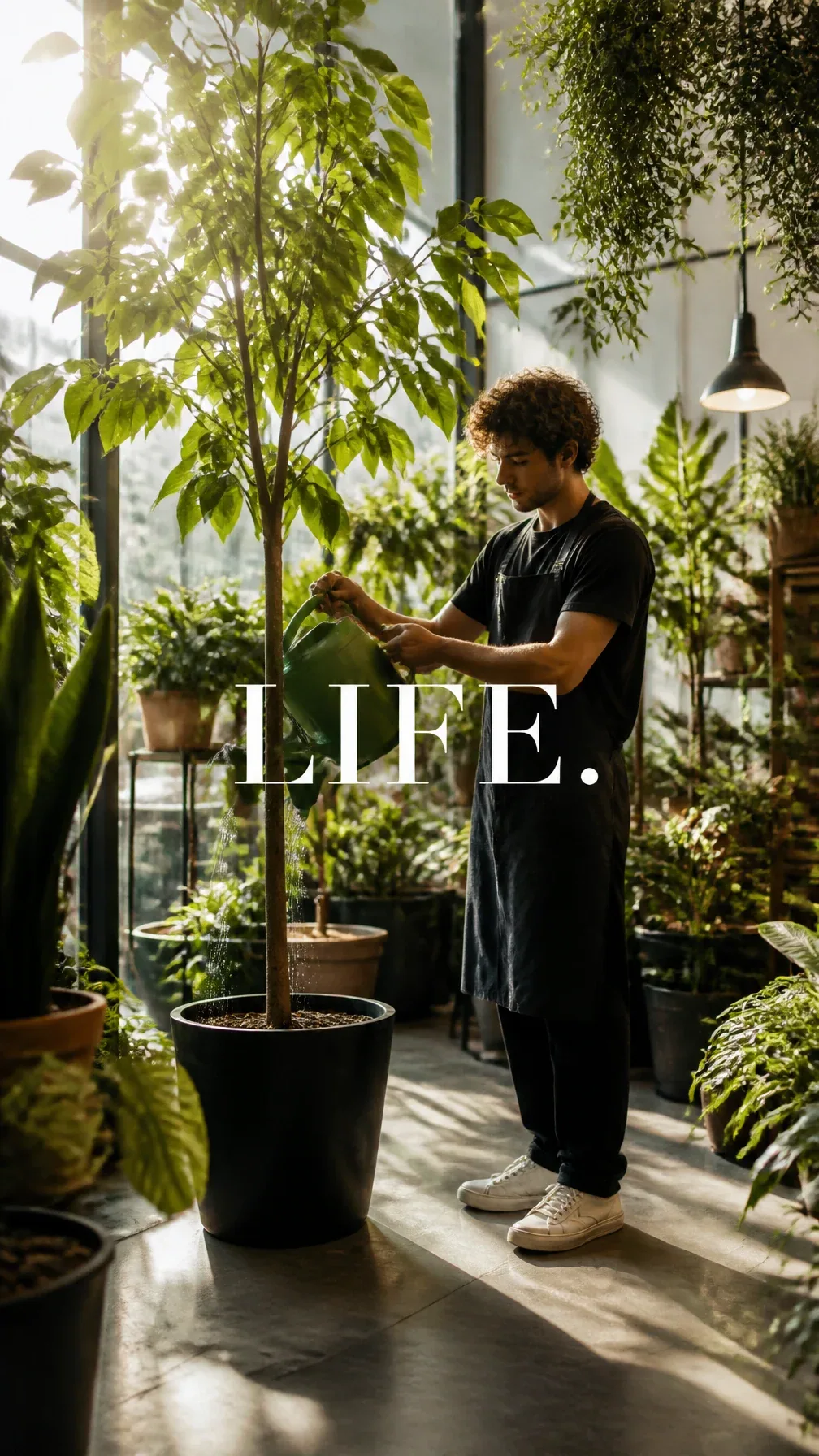 Premium editorial campaign.Main Subject:Young man florist watering tall indoor plants inside a bright botanic… - AI prompt reference from CC Prompt Galaxy