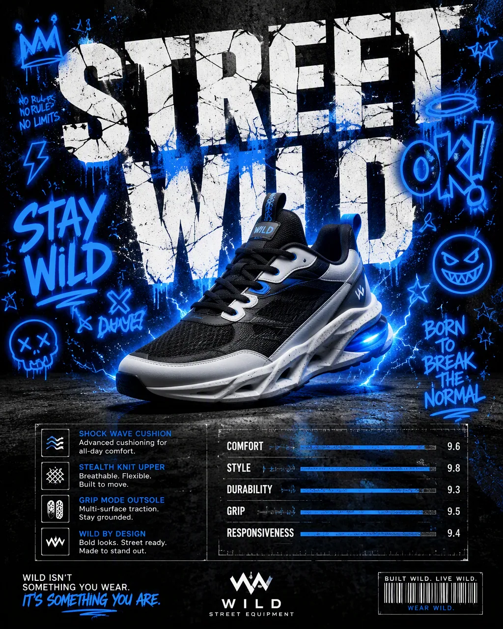 A dynamic shoe ad. A central, clean product shot of the modern sneaker is surrounded by chaotic, glowing, ele… - AI提示词参考图，来自西西提示词