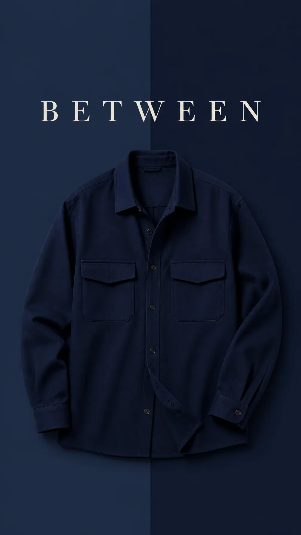 Main Subject: Deep navy overshirt.Creative Direction: Background split into two slightly different tones of t… - AI提示词参考图，来自西西提示词