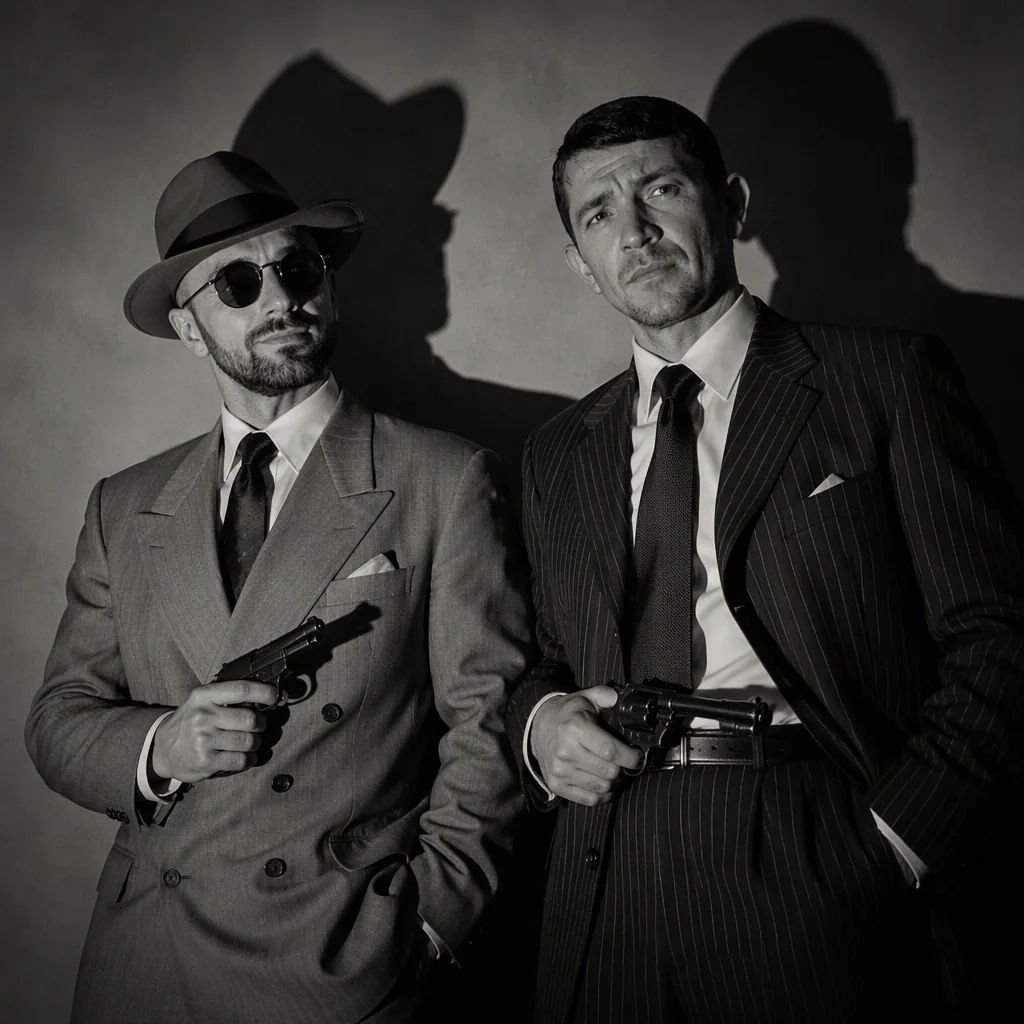 Two sharply dressed men stand tensely in a stark mid-century noir interior, the left figure in a light double… - AI提示词参考图，来自西西提示词