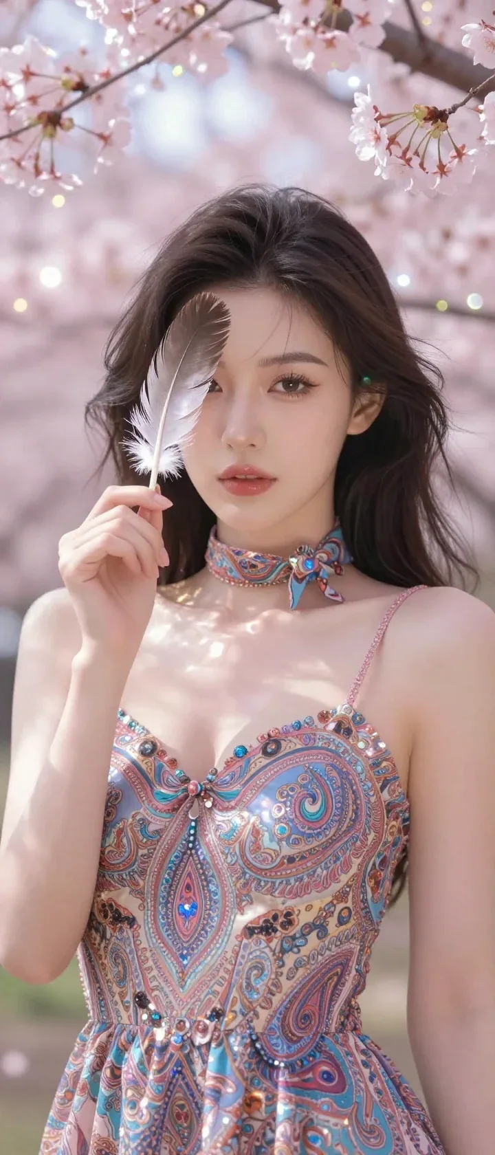 A graceful woman stands in the foreground, holding a single mottled feather before her eye, her gaze steady a… - AI提示词参考图，来自西西提示词
