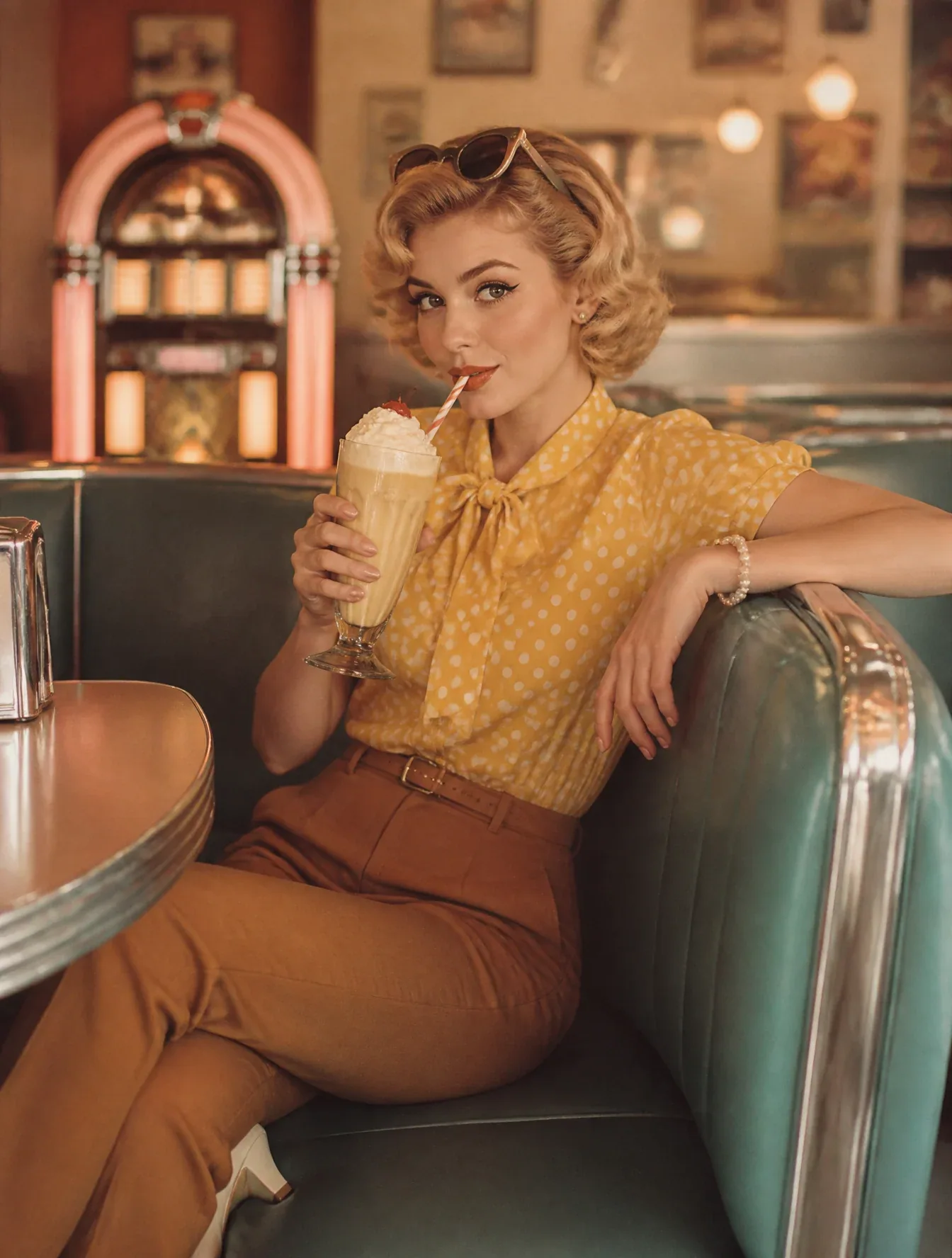 A hyper-realistic 1950s-inspired editorial portrait of a young woman (use uploaded face exactly, no changes).… - AI提示词参考图，来自西西提示词