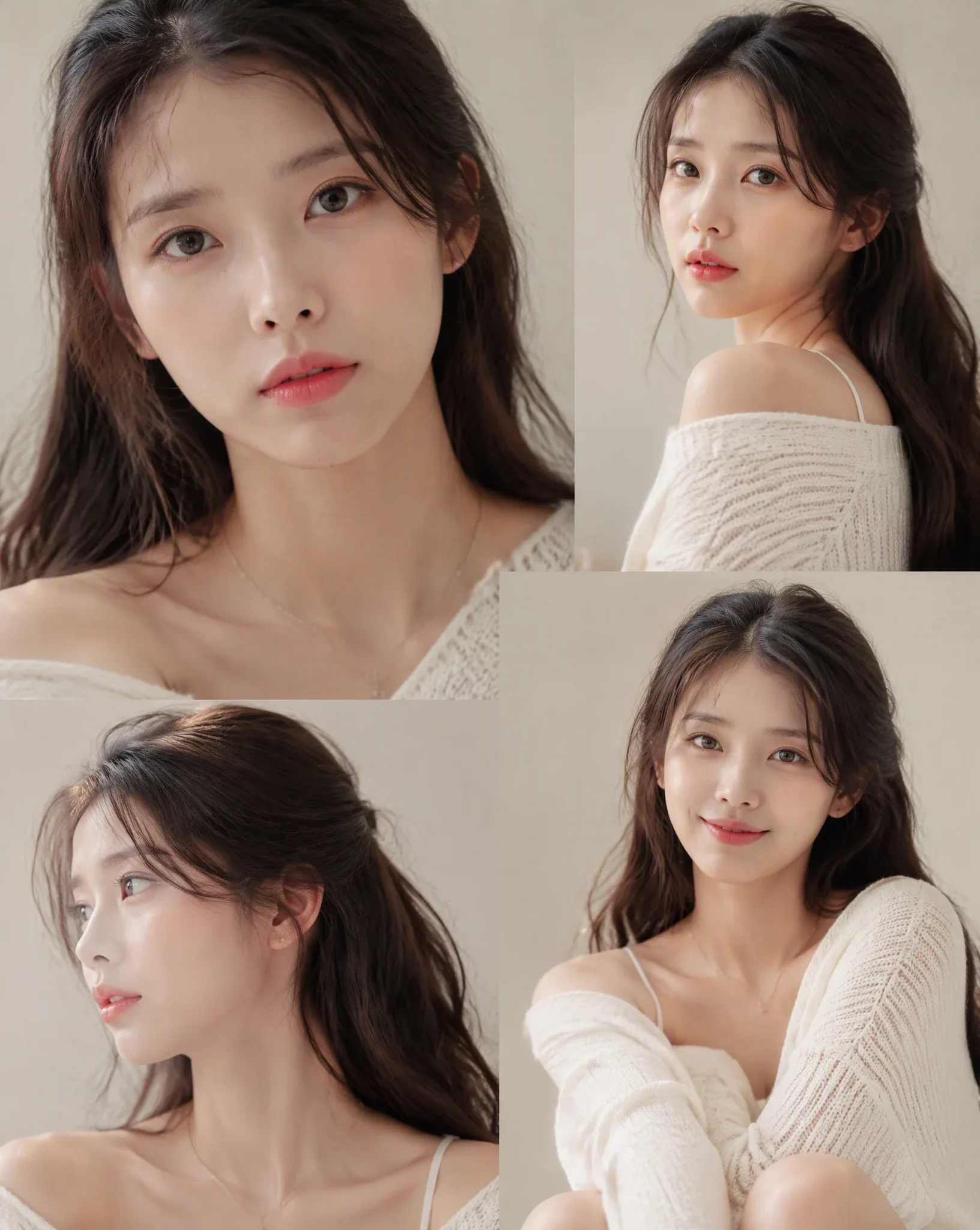 Photorealistic Korean beauty portrait of a cute young woman with long wavy dark hair and soft wispy bangs, na… - AI提示词参考图，来自西西提示词