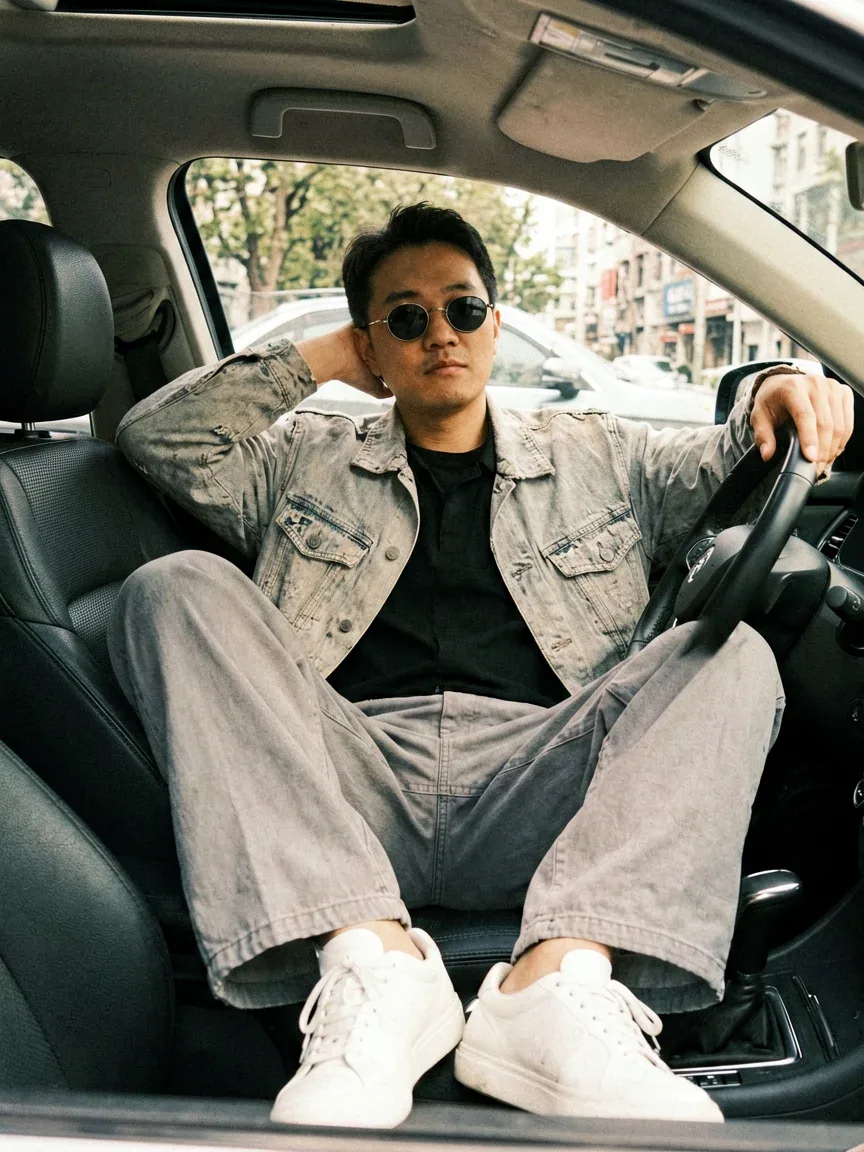 Create a hyper-realistic portrait of a man (man of the uploaded photo) sitting in the driver's seat of a car,… - AI提示词参考图，来自西西提示词