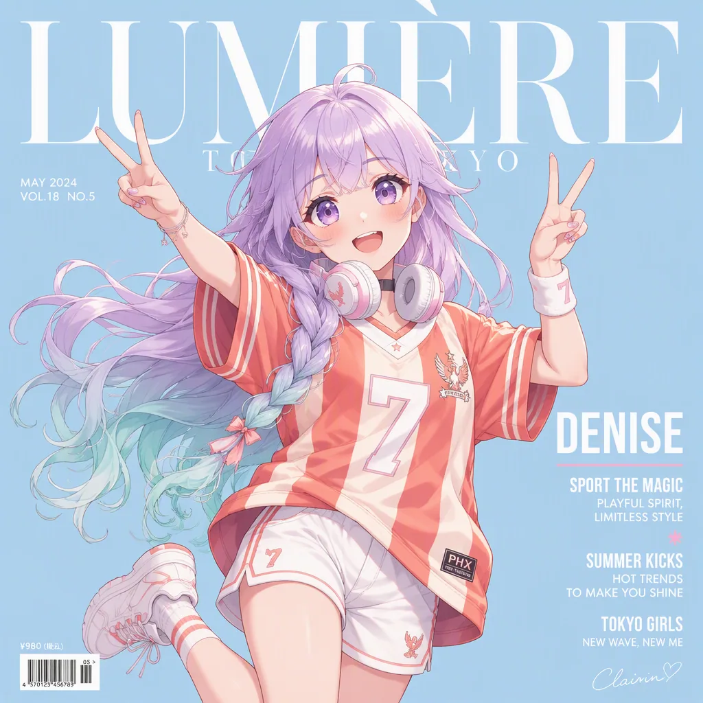 Anime-style fashion magazine cover illustration, square 1:1 format, soft pastel sky-blue background. Large el… - AI提示词参考图，来自西西提示词
