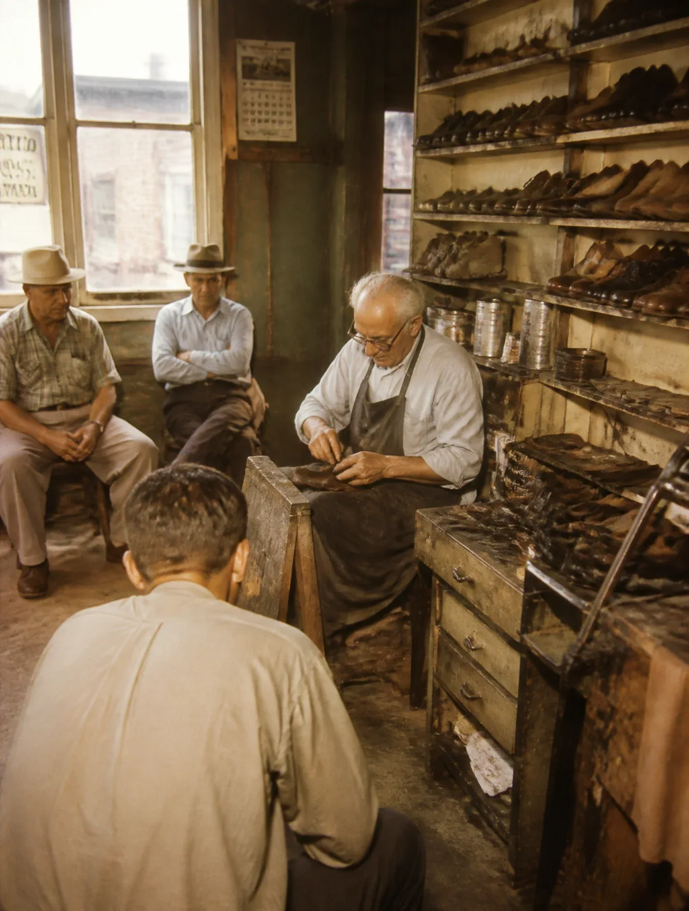 small neighborhood shoe repair shop in 1955, elderly cobbler repairing leather boots while customers wait pat… - AI提示词参考图，来自西西提示词