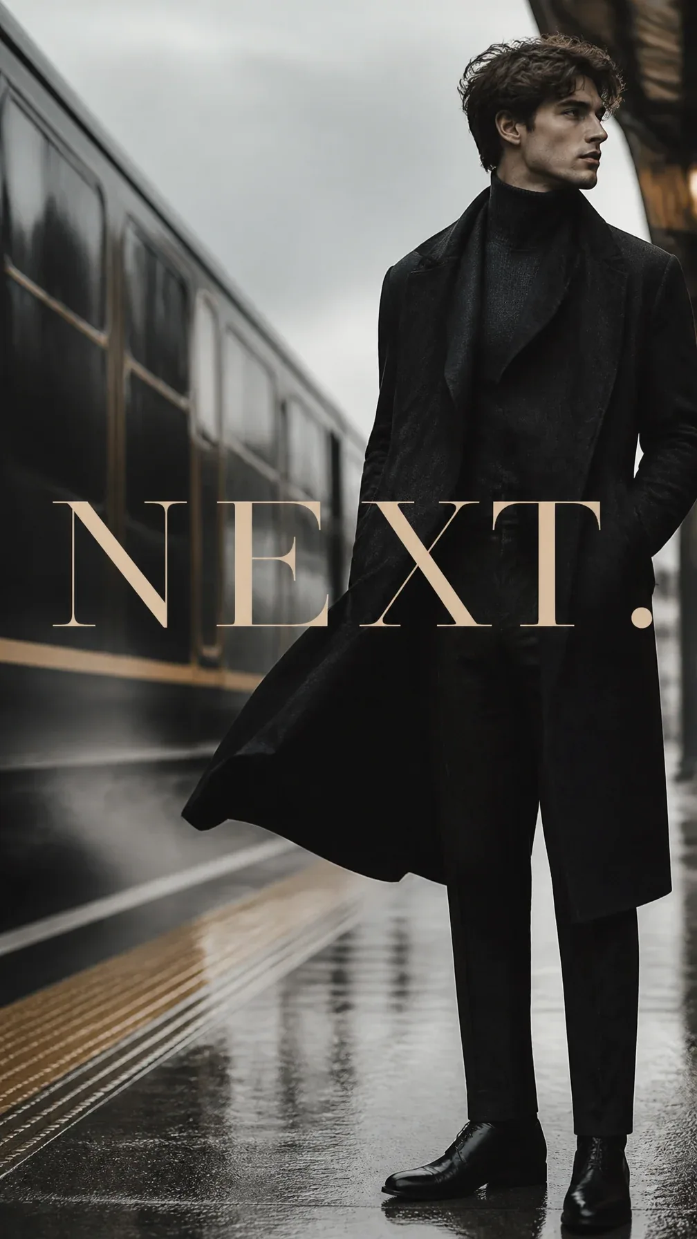Premium fashion lifestyle.Main Subject: Young man waiting beside a train platform.Creative Direction: Train h… - AI prompt reference from CC Prompt Galaxy
