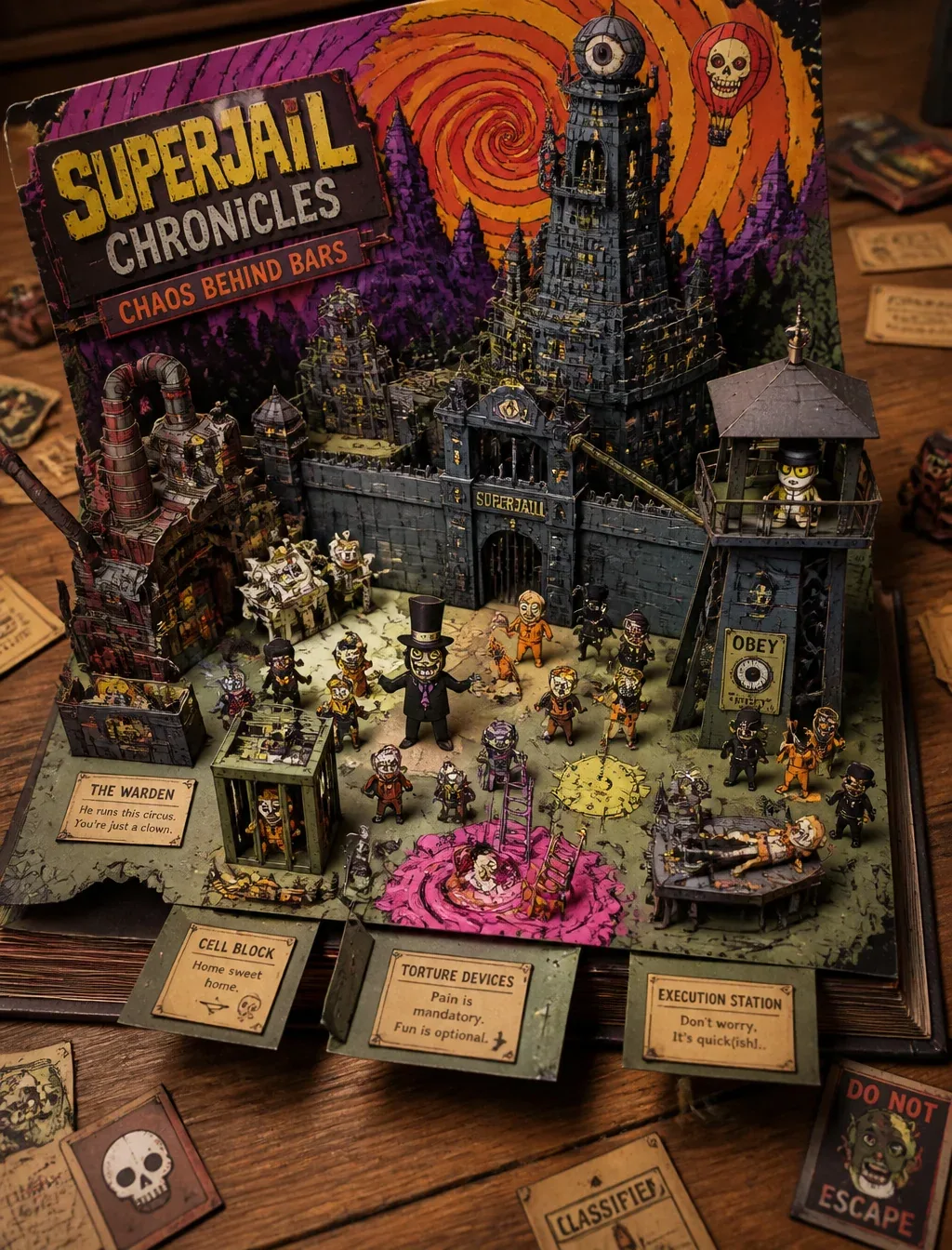 Create a Superjail!-themed 3D pop-up papercraft storybook diorama on wooden table, elevated angle. Title "Sup… - AI提示词参考图，来自西西提示词
