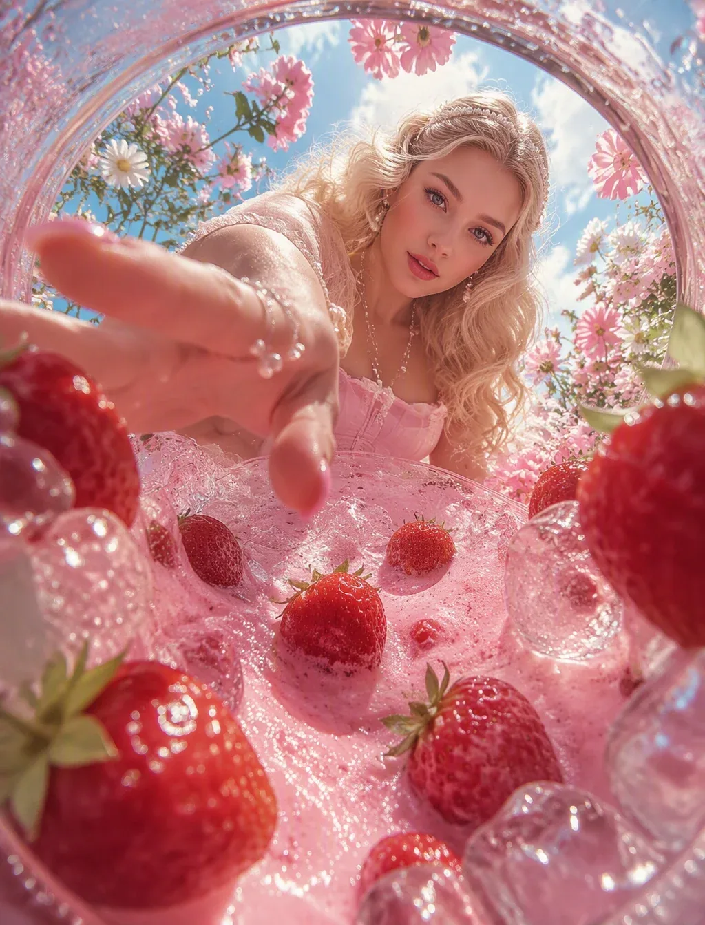 Ultra-photorealistic high-fashion editorial photograph in a dreamy pink strawberry-and-cream aesthetic, verti… - AI prompt reference from CC Prompt Galaxy