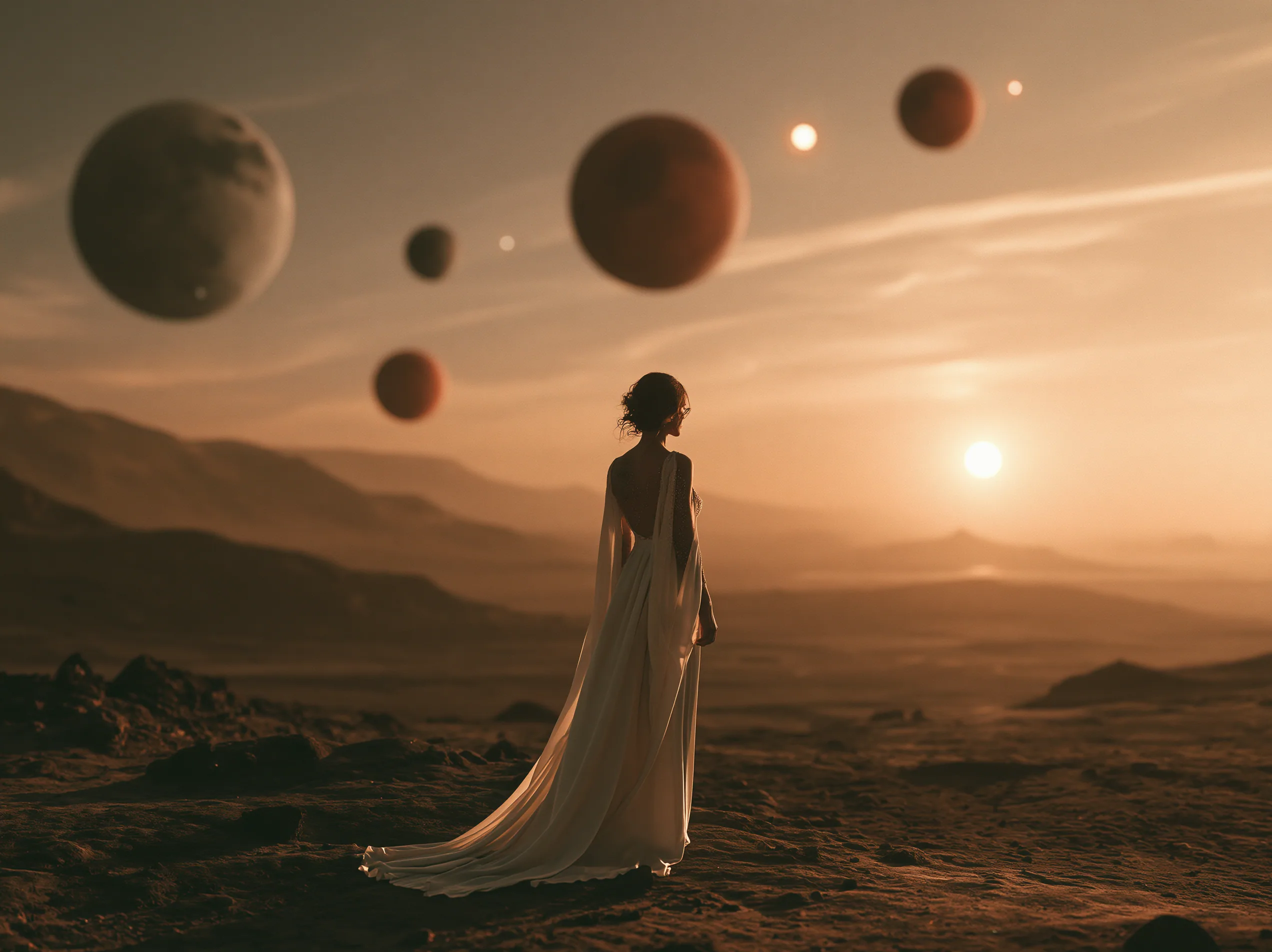 Wide-angle Kodak 65mm IMAX film of a woman wearing long white silk dress standing in a wide-open alien landsc… - AI提示词参考图，来自西西提示词