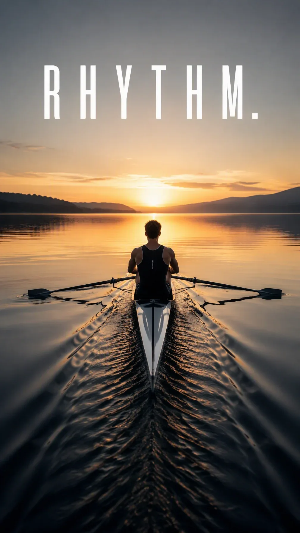 Create a premium 9:16 editorial sports poster.Main Subject: Young male rower sitting alone in a racing shell.… - AI prompt reference from CC Prompt Galaxy