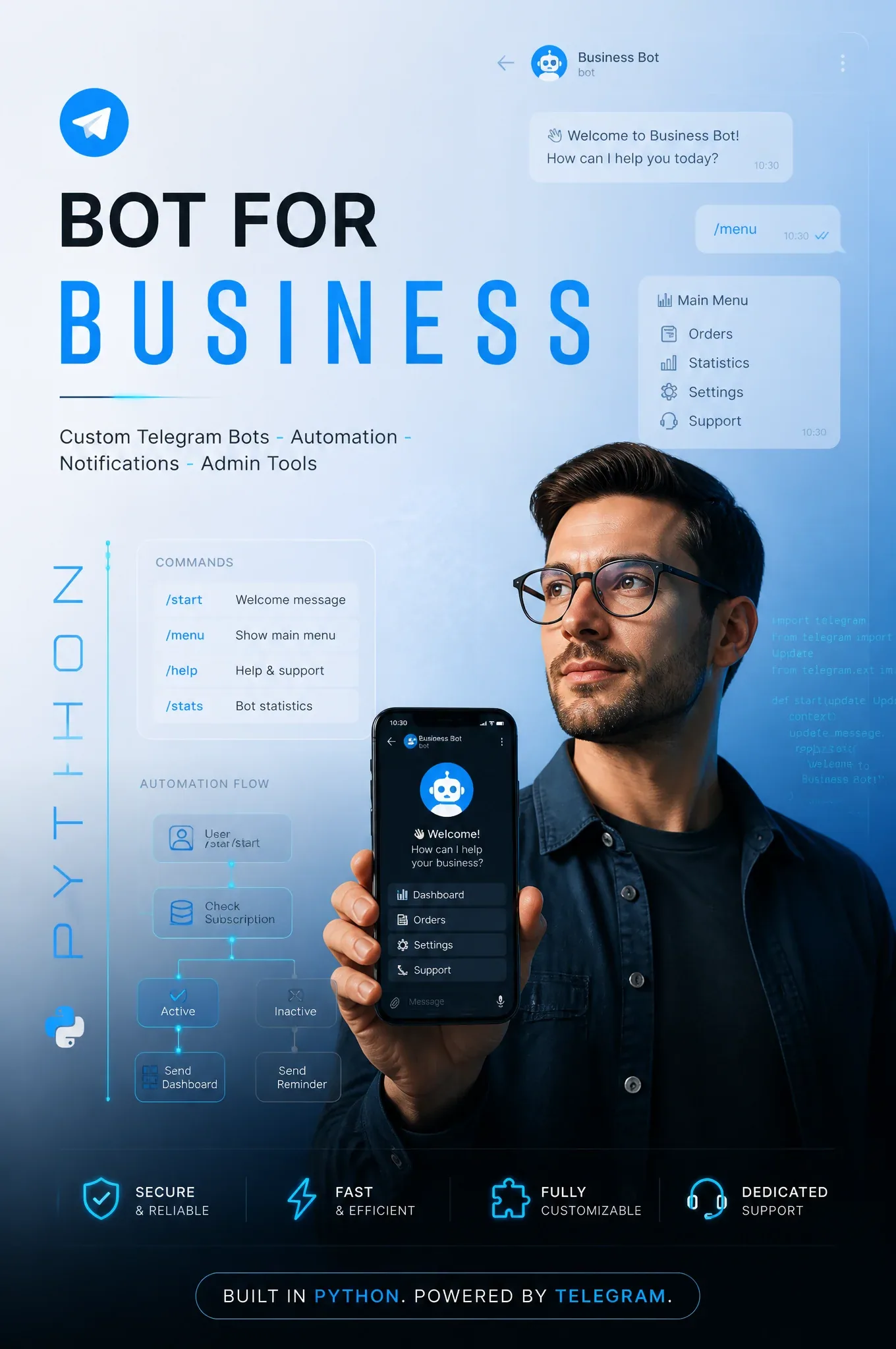 Minimalist premium advertisement for a custom Telegram bot development service in Python.Main headline: “BOT … - AI提示词参考图，来自西西提示词