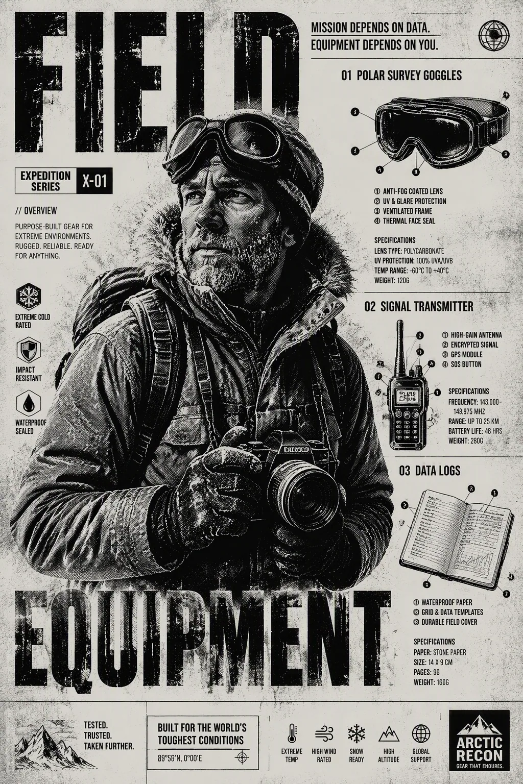 A mixed-product ad. A high-contrast halftone of the explorer with a camera is central, but next to him are te… - AI提示词参考图，来自西西提示词