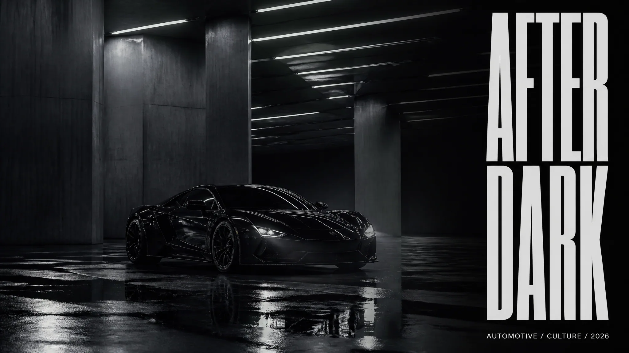 Black exotic supercar parked alone inside an enormous empty underground architectural space at night, wet ref… - AI提示词参考图，来自西西提示词