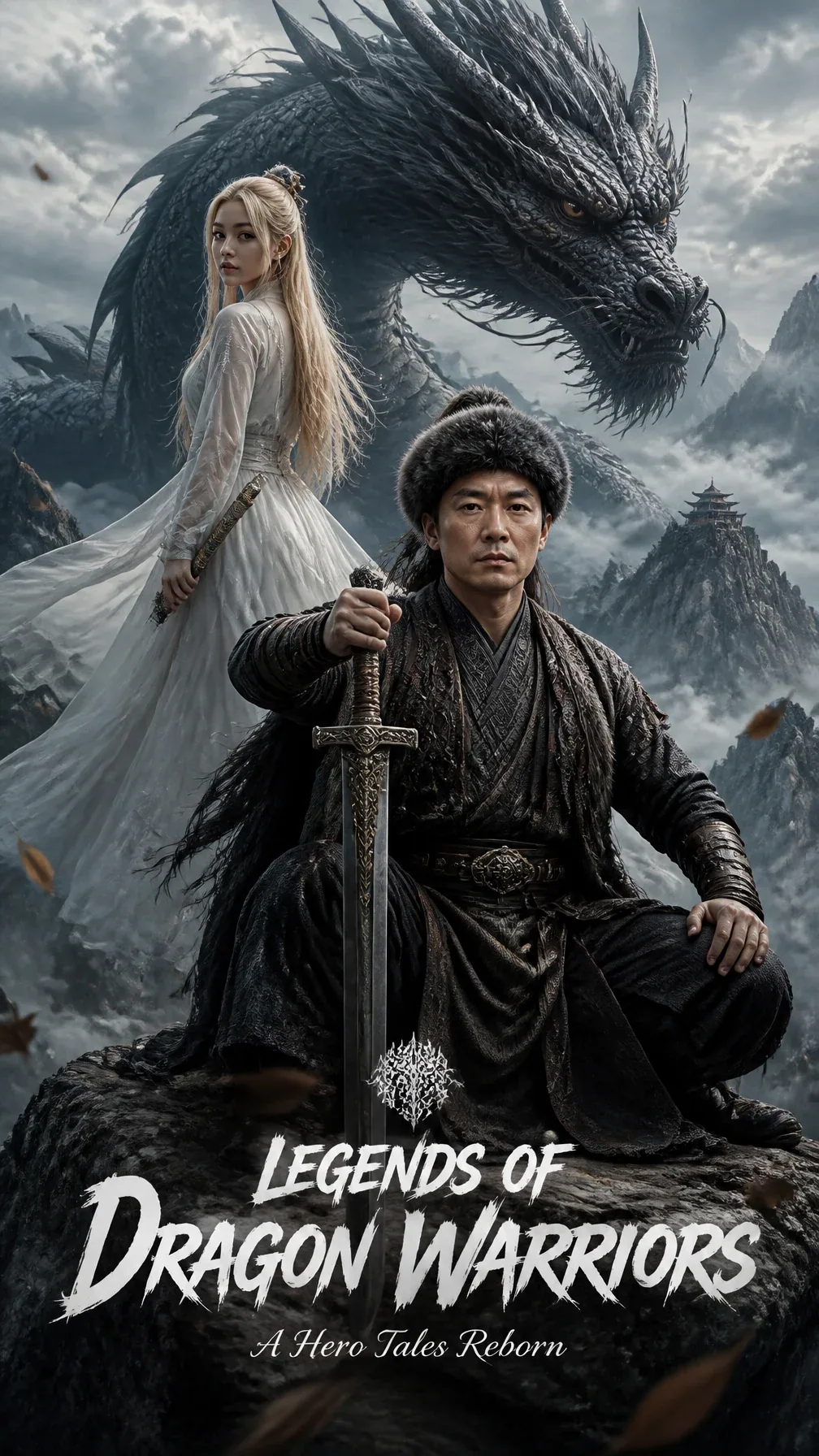 A cinematic promotional poster for a Chinese wuxia poster. The composition features a powerful full-shot of t… - AI提示词参考图，来自西西提示词