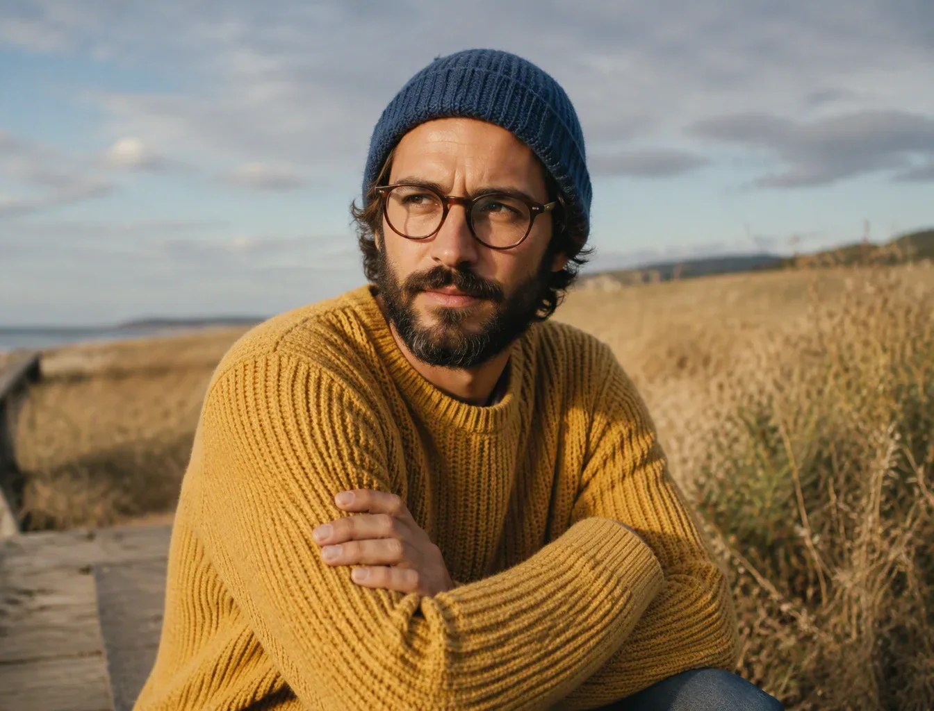 Medium shot of a man with glasses and beard wearing a blue beanie and textured yellow sweater, sitting with a… - AI提示词参考图，来自西西提示词