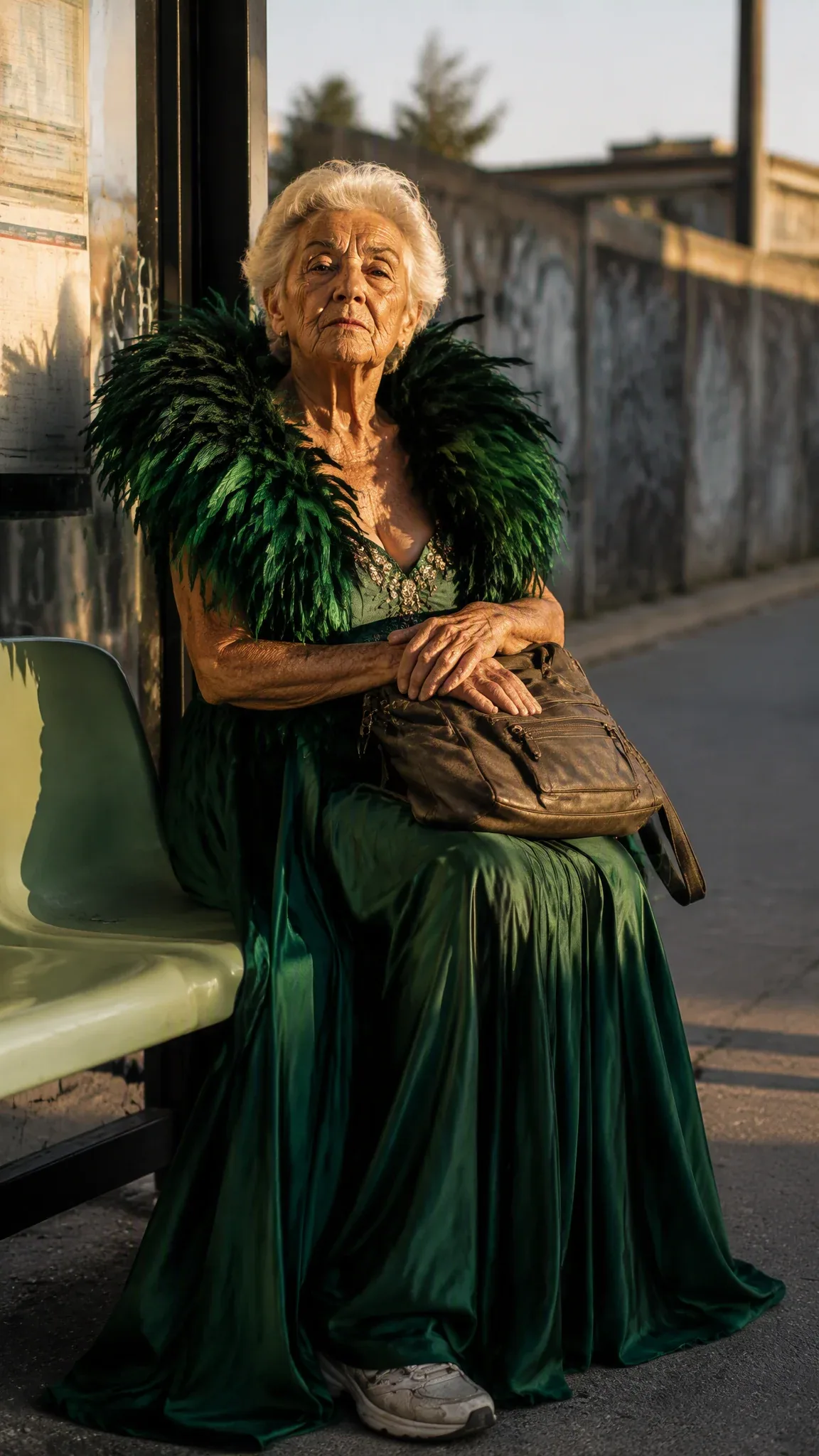 Full-length editorial photograph of an 82-year-old woman with deep wrinkles and short silver hair, wearing an… - AI提示词参考图，来自西西提示词