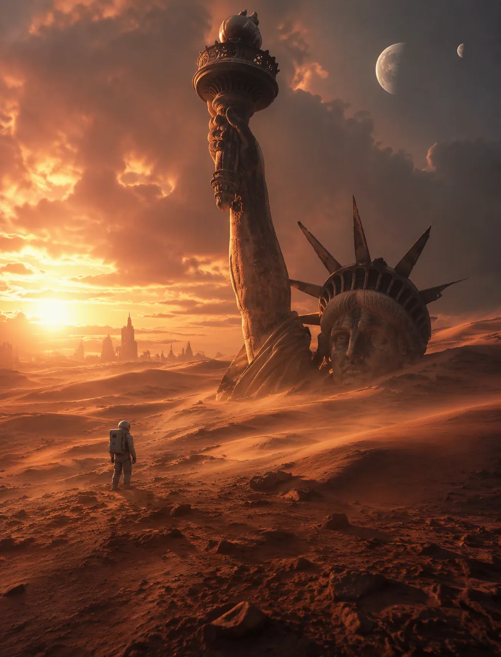 Photorealistic cinematic scene of a lone astronaut exploring an enormous red desert on an unknown planet at s… - AI提示词参考图，来自西西提示词