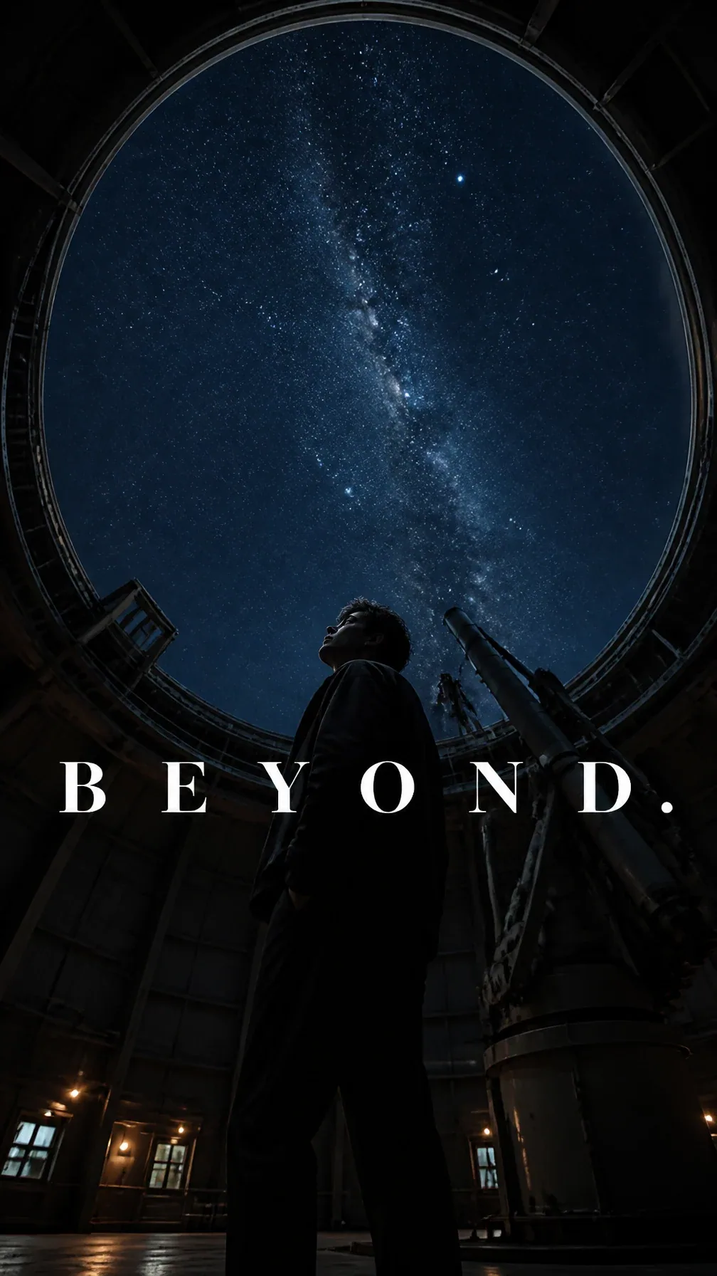 Premium editorial campaign. Main Subject: Young man standing inside a massive observatory dome. Creative Dire… - AI提示词参考图，来自西西提示词