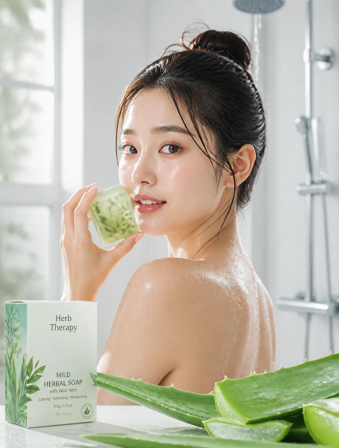 A young East Asian woman with a damp, dewy complexion and hair pulled into a messy bun turns toward the camer… - AI提示词参考图，来自西西提示词