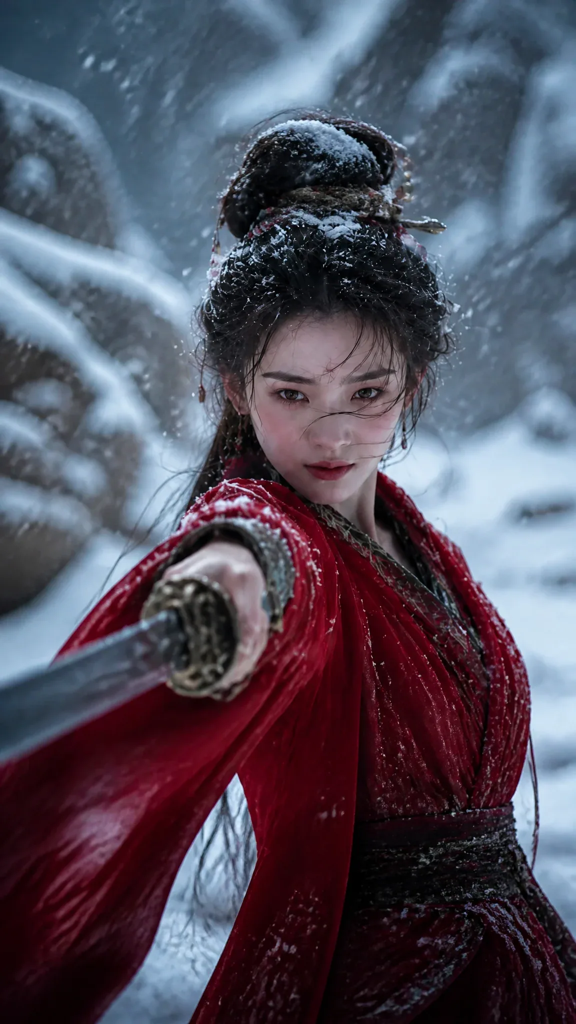 cinematic medium close-up, beautiful young chinese female swordsman, sharp cold eyes, wearing flowing crimson… - AI提示词参考图，来自西西提示词
