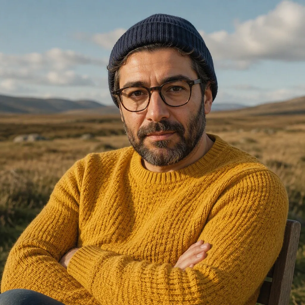 Medium shot of a man with glasses and beard wearing a blue beanie and textured yellow sweater, sitting with a… - AI提示词参考图，来自西西提示词