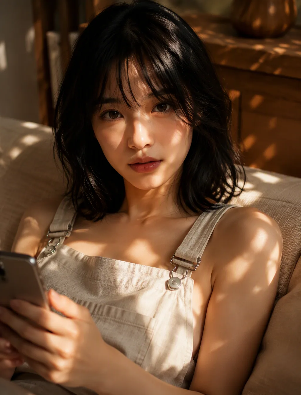 Subject and action Young woman with shoulder-length tousled black hair and wispy bangs, captured in an intima… - AI提示词参考图，来自西西提示词