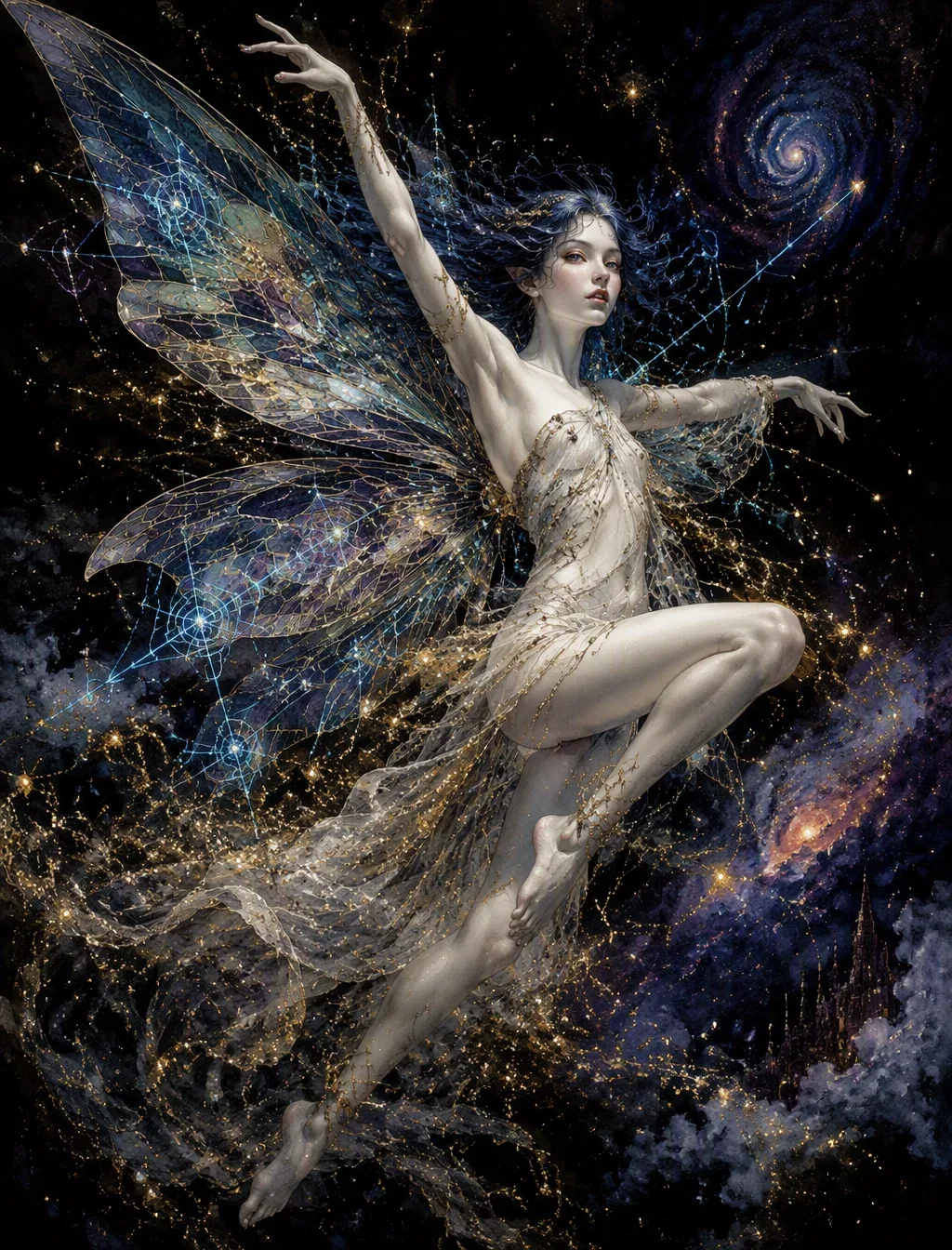 Subject and Action A lithe fairy captured in a dynamic, athletic mid-air pose, embodying a mythical grace rem… - AI提示词参考图，来自西西提示词