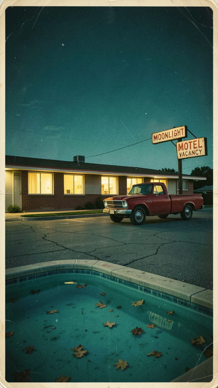 Subject & Action An isolated roadside motel at twilight, three rooms glowing with warm yellow light against a… - AI提示词参考图，来自西西提示词