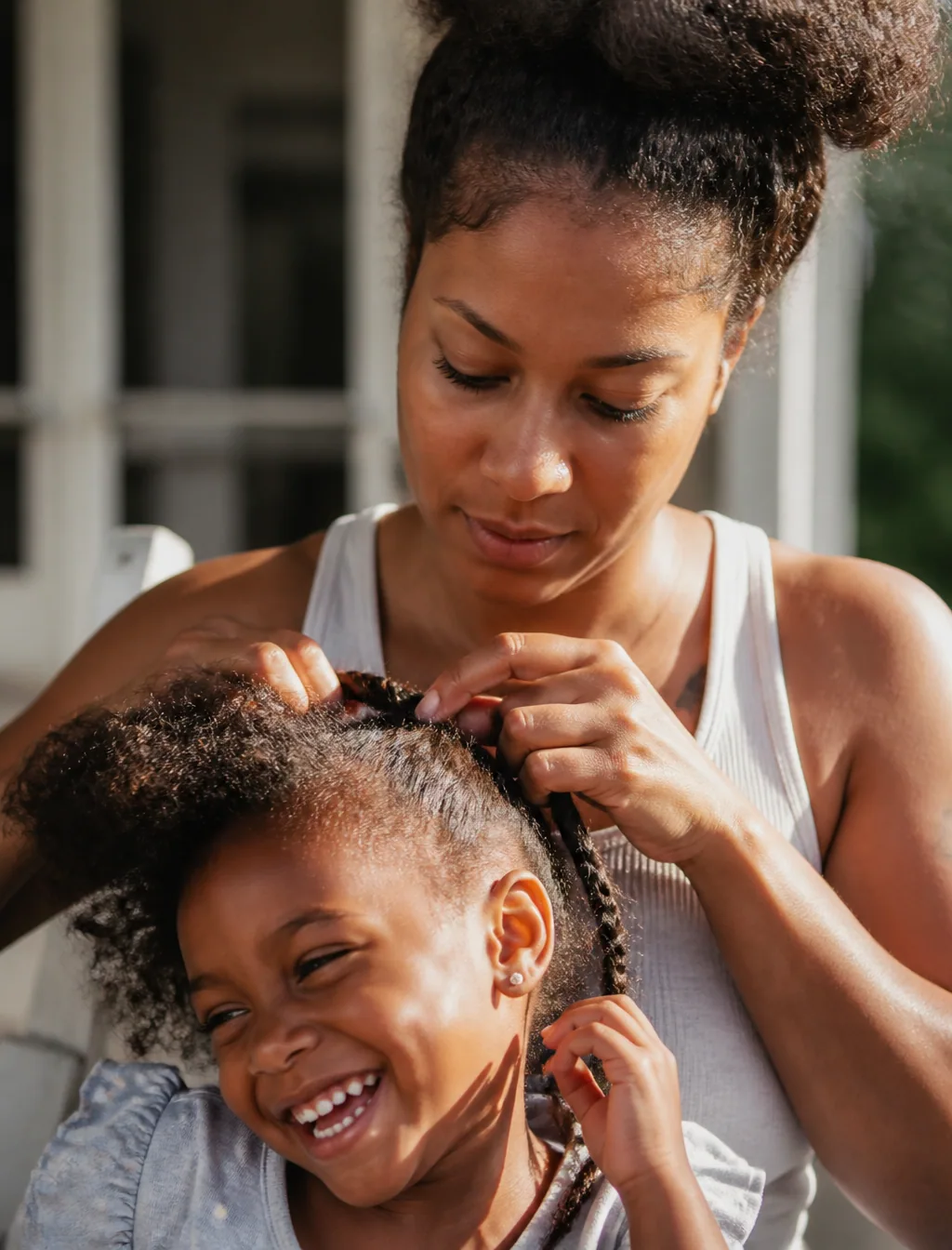 An ultra-realistic documentary portrait of a young mother braiding her daughter's hair on a sunlit porch, the… - AI提示词参考图，来自西西提示词