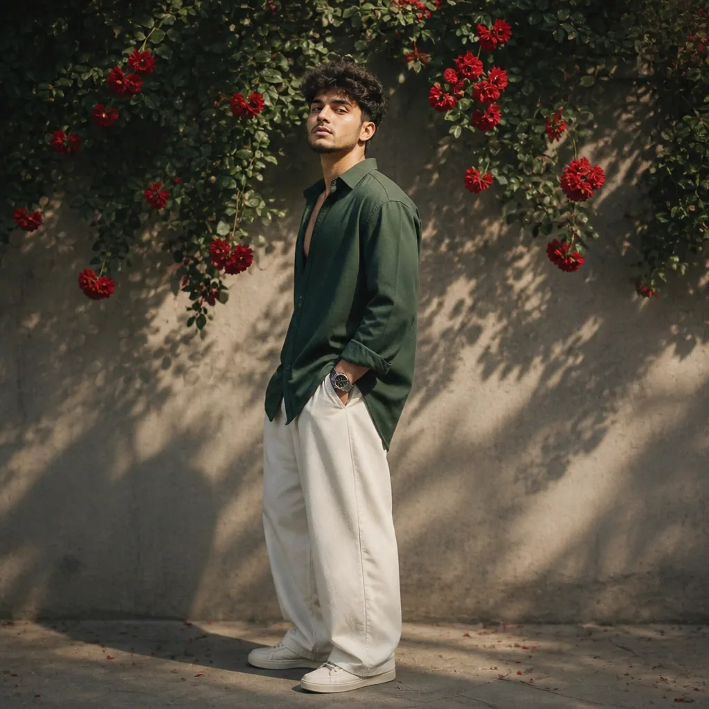Subject and Action A confident young man with a sharp jawline and curly hair, captured in a cool, poised stan… - AI提示词参考图，来自西西提示词