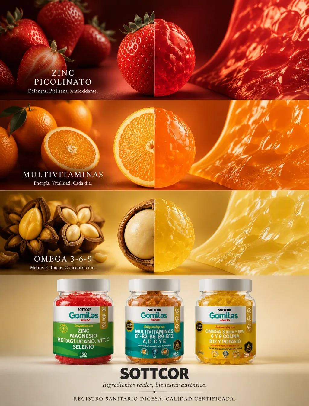 Imagen vertical dividida en 3 franjas horizontales iguales, cada una mostrando un ingrediente real cortado a … - AI提示词参考图，来自西西提示词