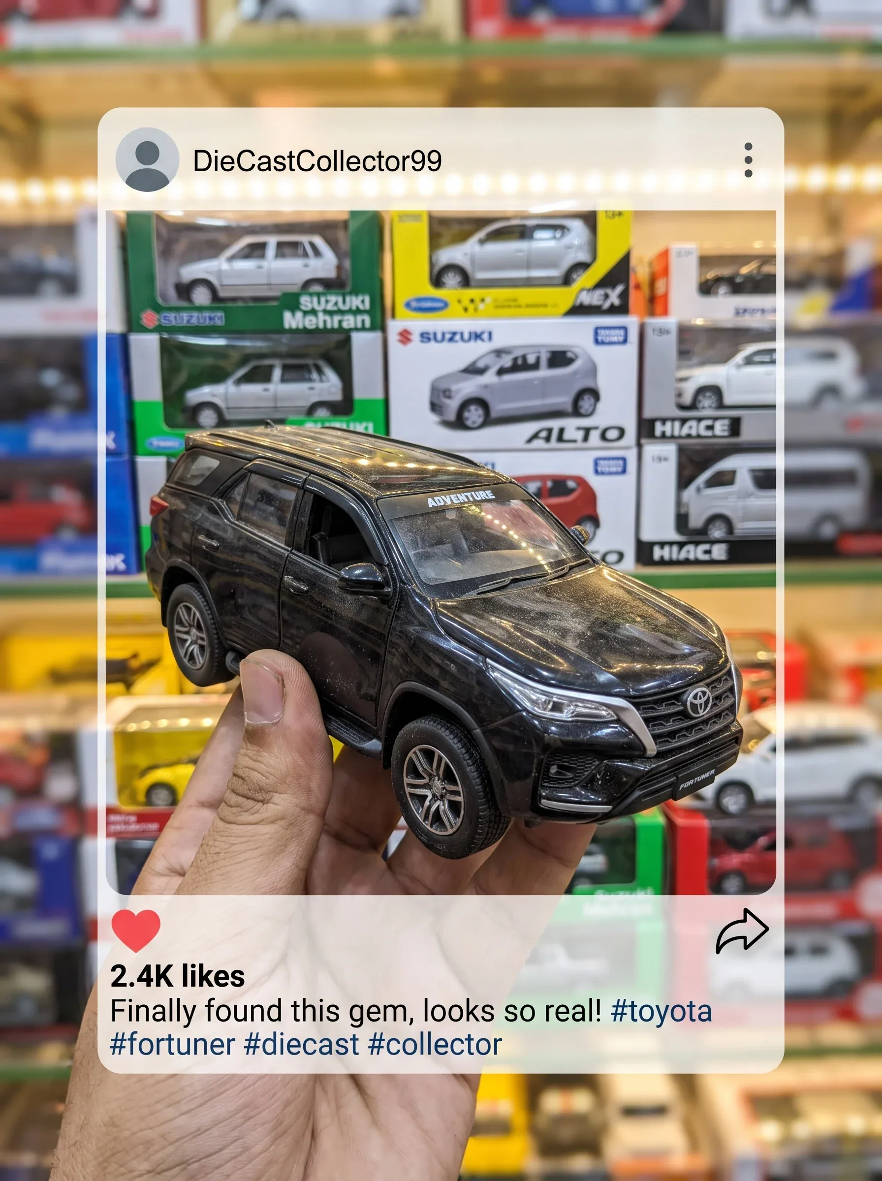 A highly detailed close-up shot of a hand holding a realistic scale-model die-cast toy car indoors. The minia… - AI prompt reference from CC Prompt Galaxy