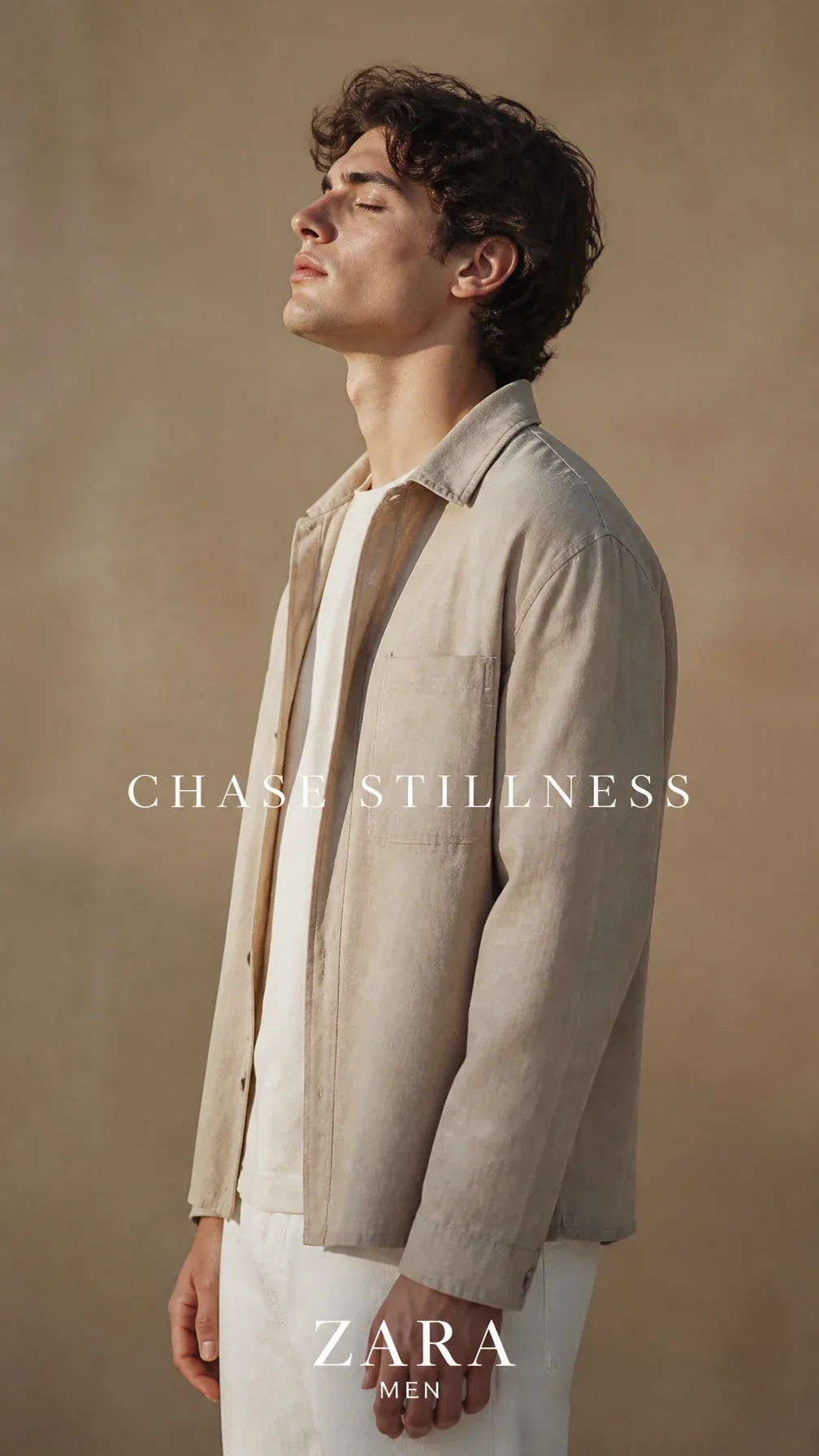 Luxury Zara Men editorial. Main Subject: Young male model wearing a muted sandstone overshirt layered over a … - AI提示词参考图，来自西西提示词