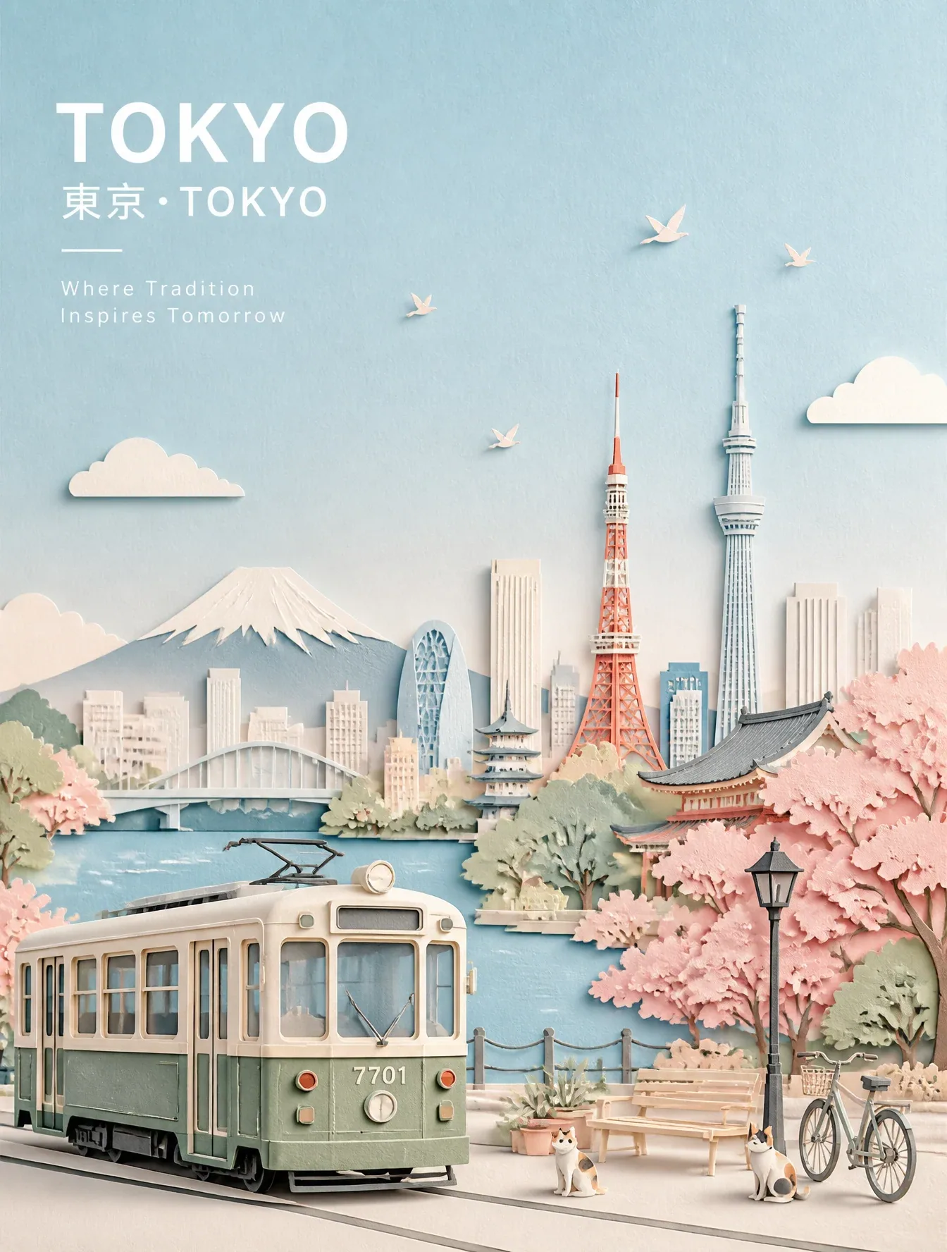 创作一幅精美的[日本东京]宽幅风景旅行海报插画。核心概念：将城市描绘成一幅宁静、优雅、风格化的粉彩纸拼贴画，将城市最具标志性的地标和最易辨识的交通工具巧妙地融合在一个和谐的构图中。插画应呈现出博物馆级旅行海报、精致的杂… - AI提示词参考图，来自西西提示词