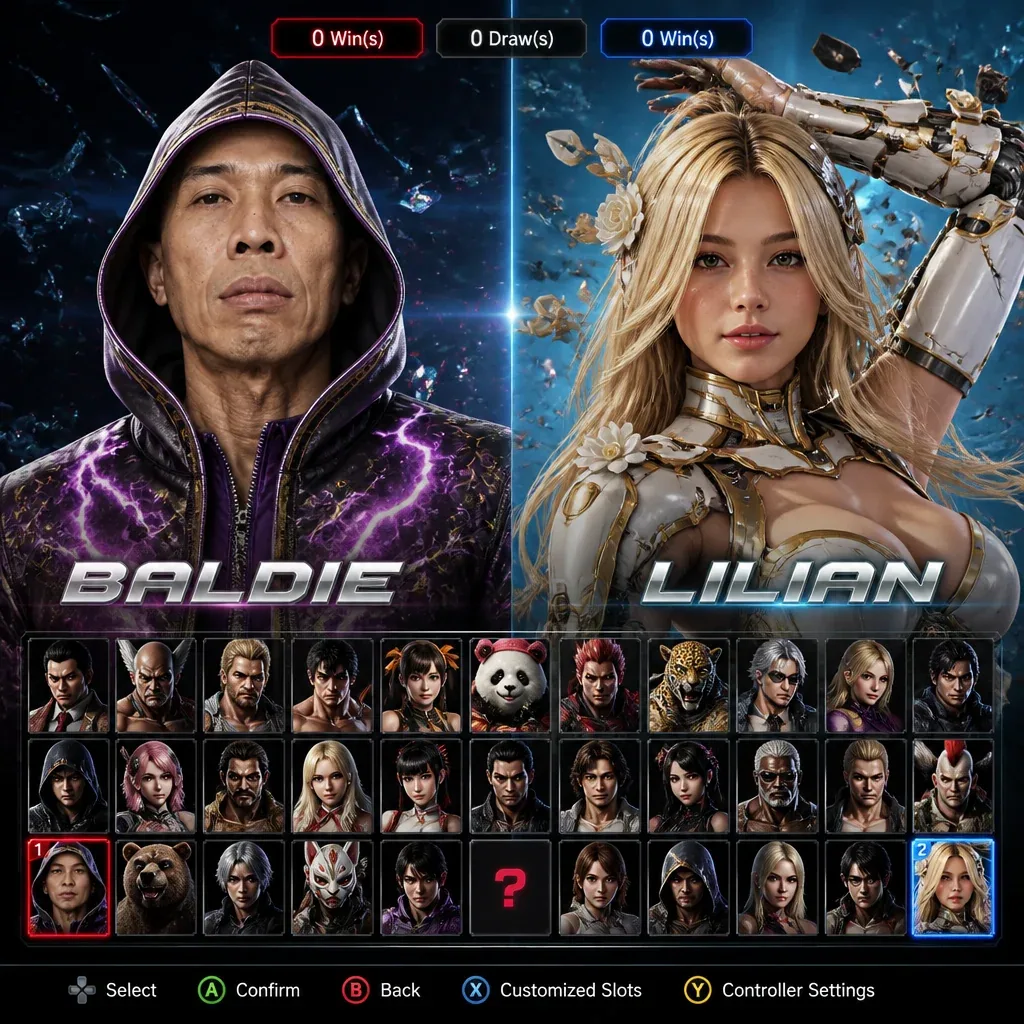Prompt Description:A detailed screenshot of the character selection screen from a fighting game (like Tekken … - AI prompt reference from CC Prompt Galaxy