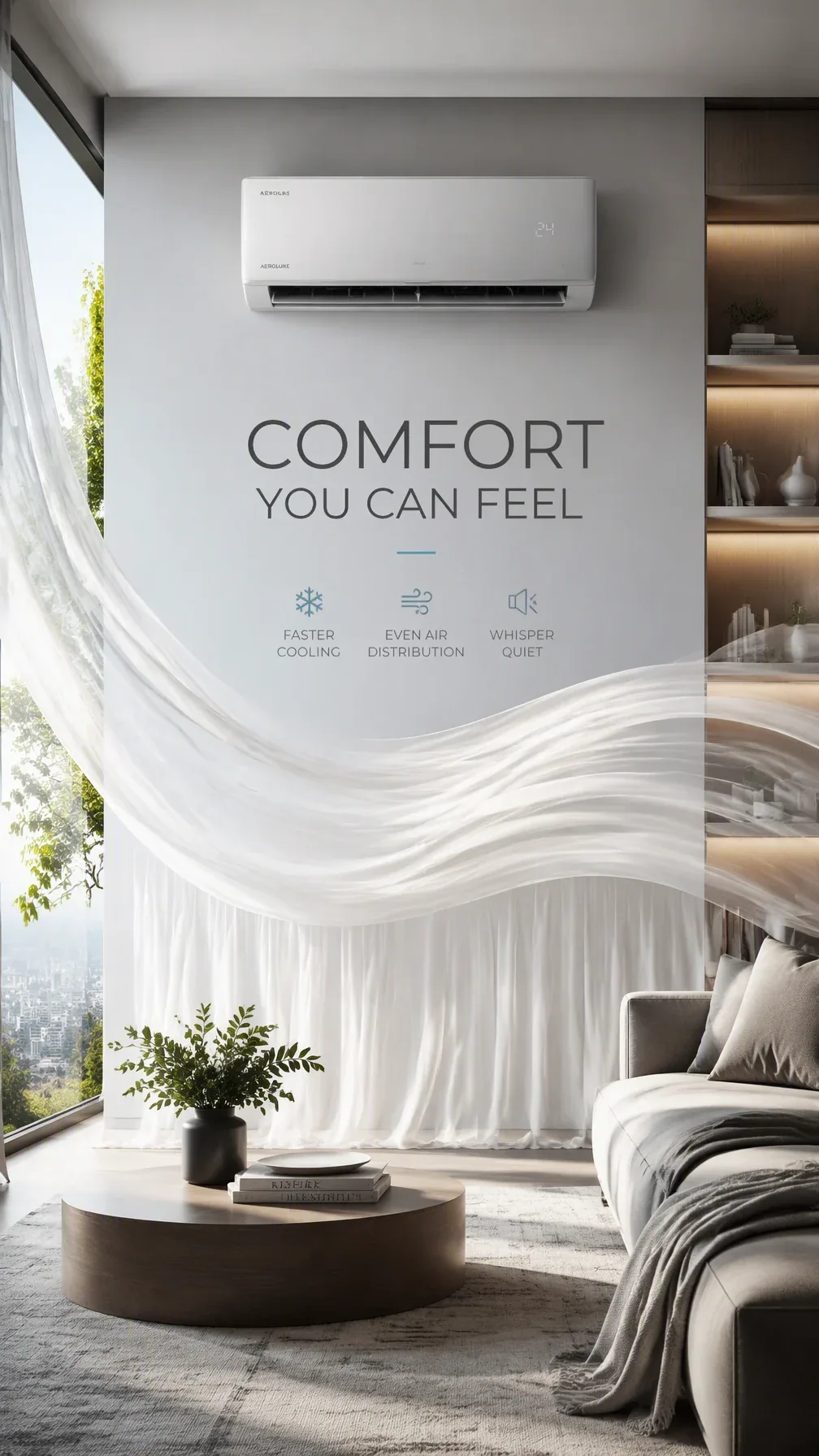 Premium 4:5 advertising poster for a premium air conditioner. A modern wall-mounted air conditioner in a pris… - AI提示词参考图，来自西西提示词