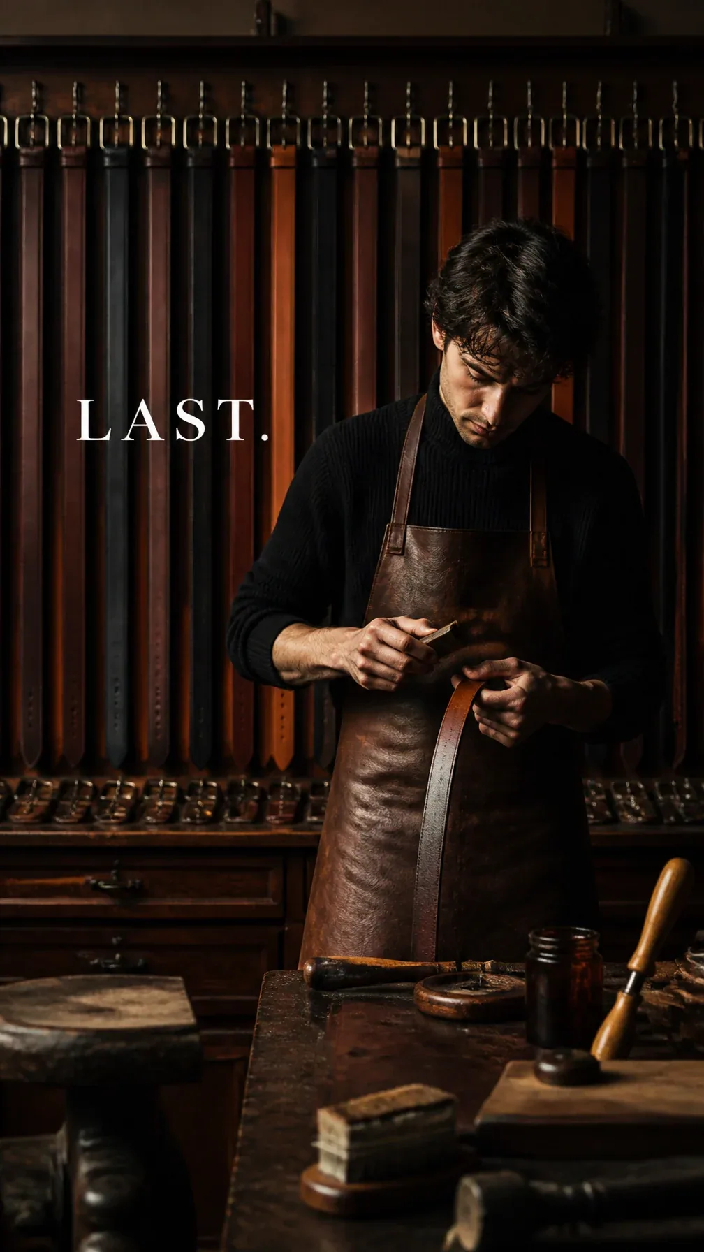 Premium editorial campaign.Main Subject: Young leather belt maker inside a luxury leather workshop.Creative D… - AI提示词参考图，来自西西提示词
