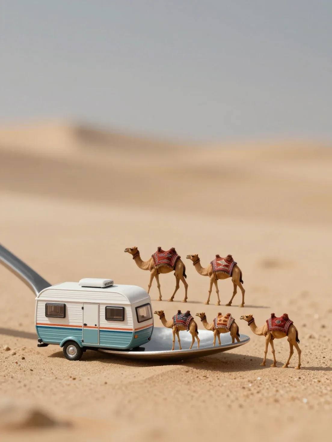 microcosm on a teaspoon, side view, caravan with camels spoon, spoon on the table, beautiful camels in blanke… - AI提示词参考图，来自西西提示词