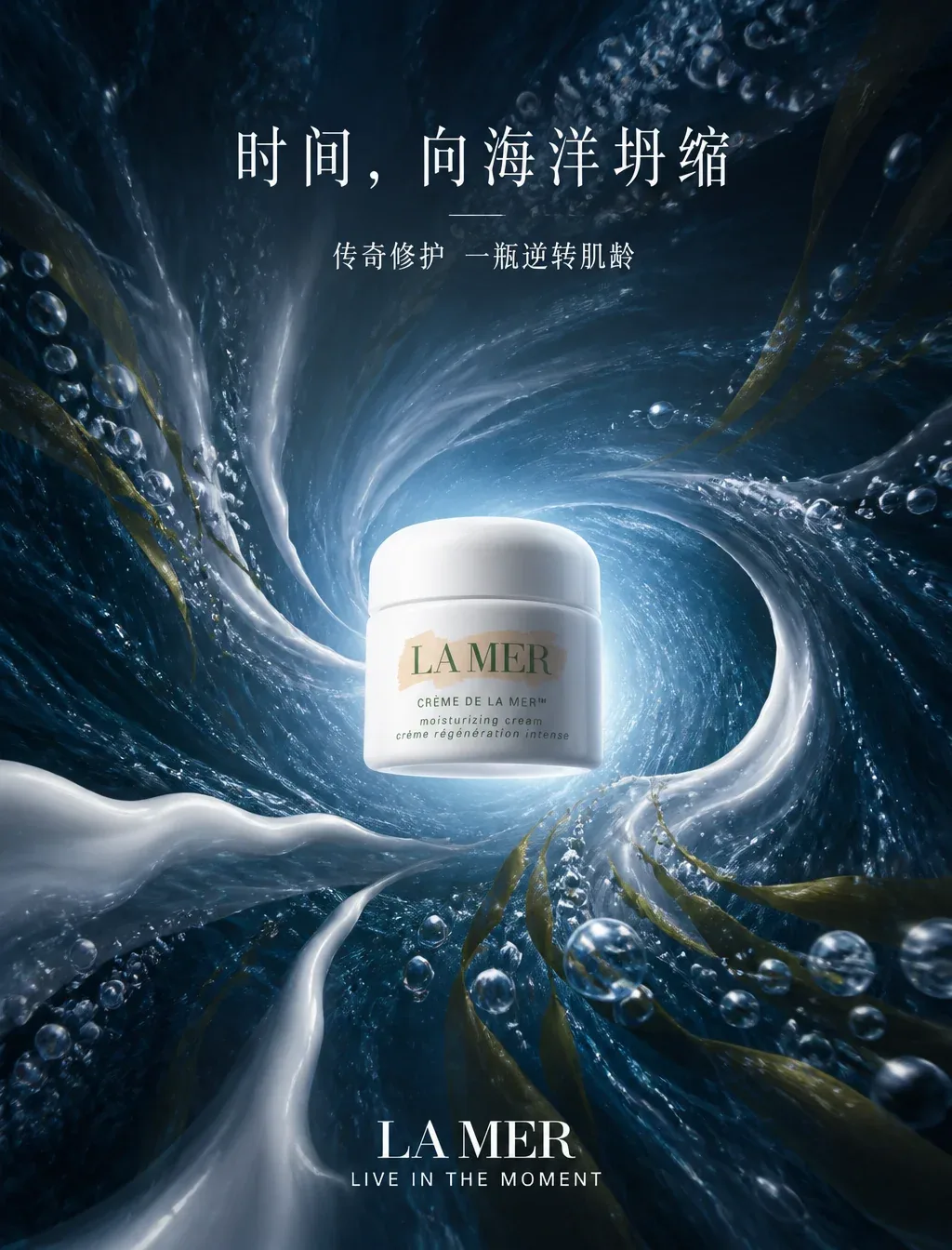 为La Mer精华面霜制作「万有引力」产品广告海报。主体：La Mer经典白色瓷瓶面霜悬浮于视觉中心，作为强大引力源，将深海海藻、银色微泡、月光光晕和乳霜质地拉丝以戏剧性弯曲轨迹吸入周围。产品保持绝对锐利、无畸变、完美… - AI提示词参考图，来自西西提示词