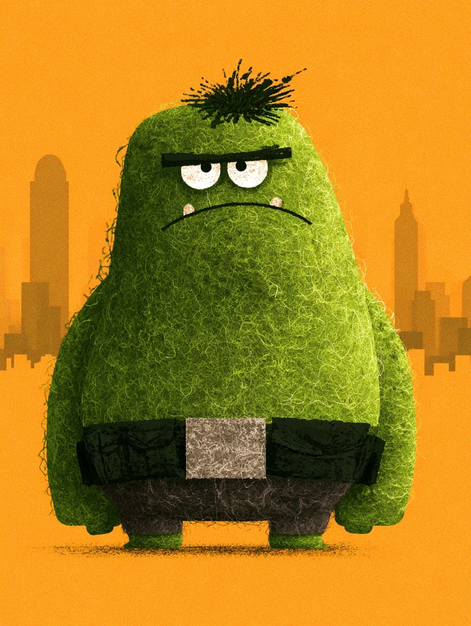 A stylized, rounded caricature of hulk stands centered against a vibrant, flat city background, rendered with… - AI提示词参考图，来自西西提示词
