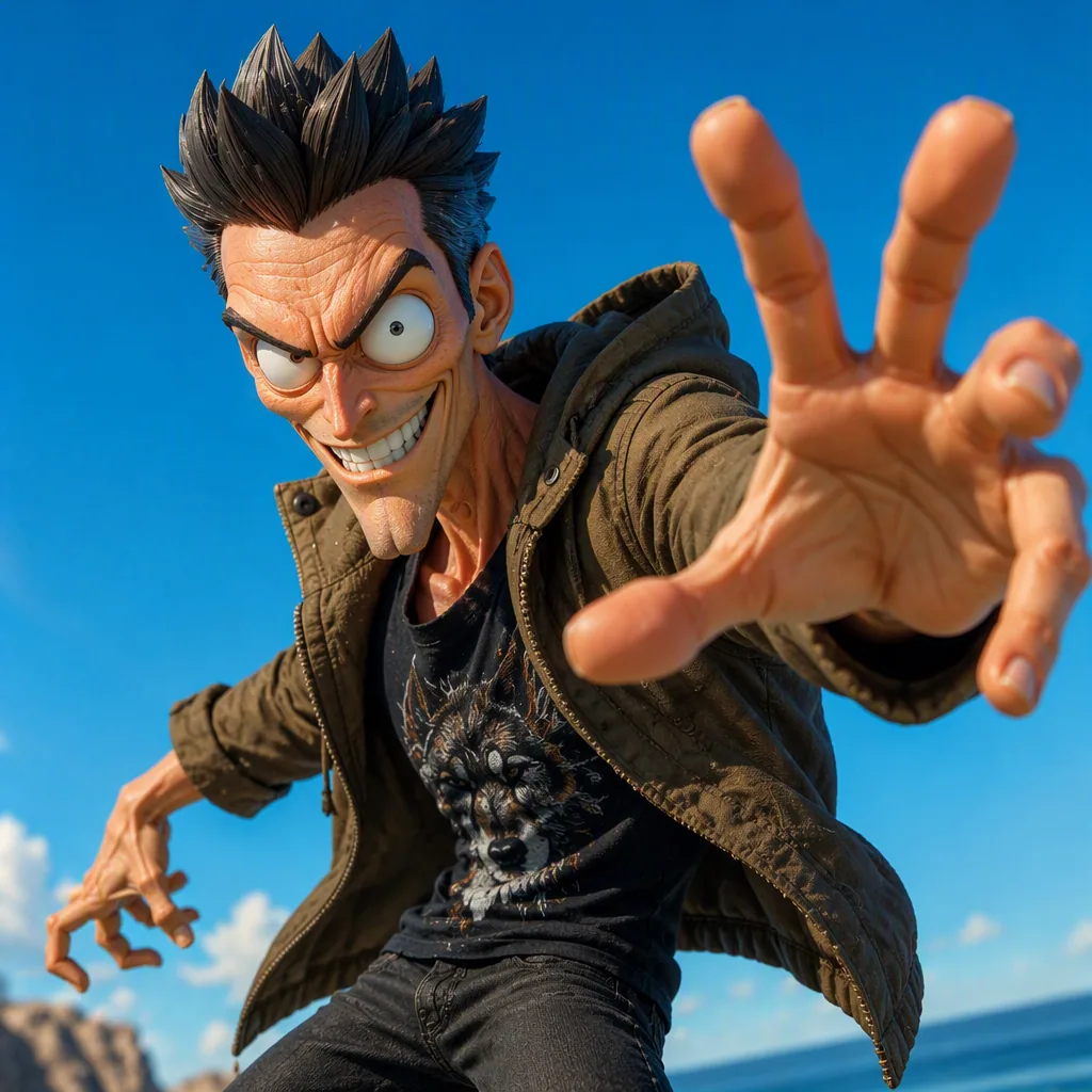 Signature features: stylized 3D character design built from exaggerated manga-like facial geometry combined w… - AI提示词参考图，来自西西提示词