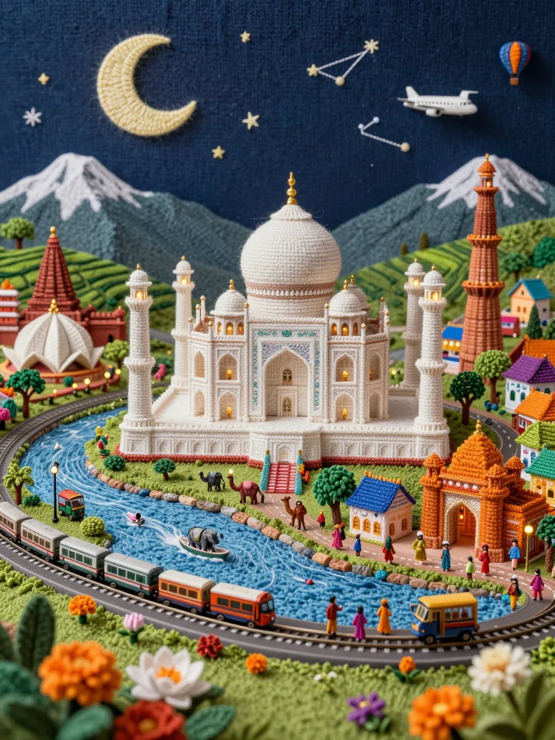 INDIA – Knitted Miniature DioramaA hyper-realistic detailed 3D macro photography shot of a miniature India di… - AI prompt reference from CC Prompt Galaxy