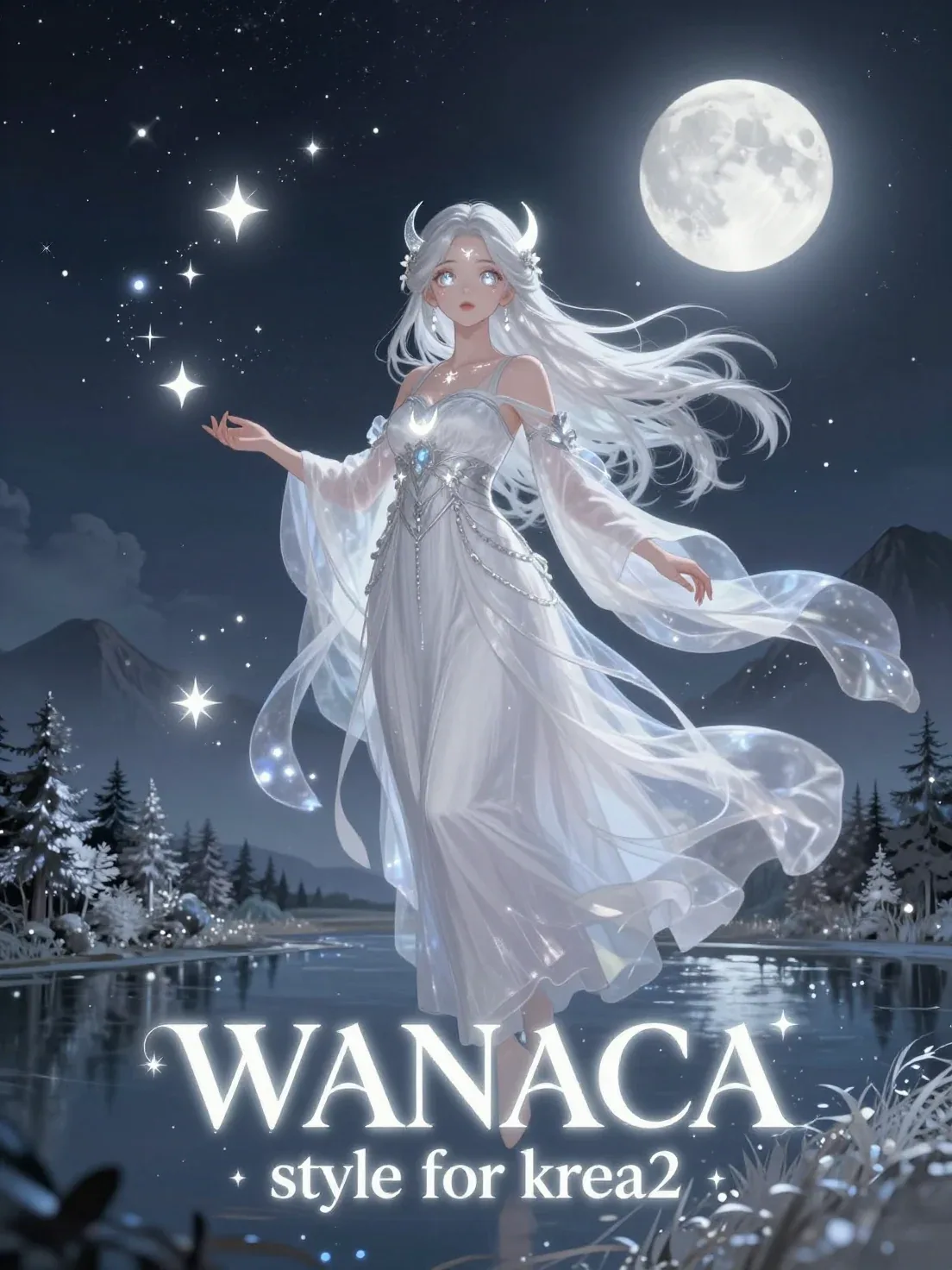 Digital anime-style illustration of an ethereal fair-skinned woman with waist-length silvery-white hair adorn… - AI prompt reference from CC Prompt Galaxy