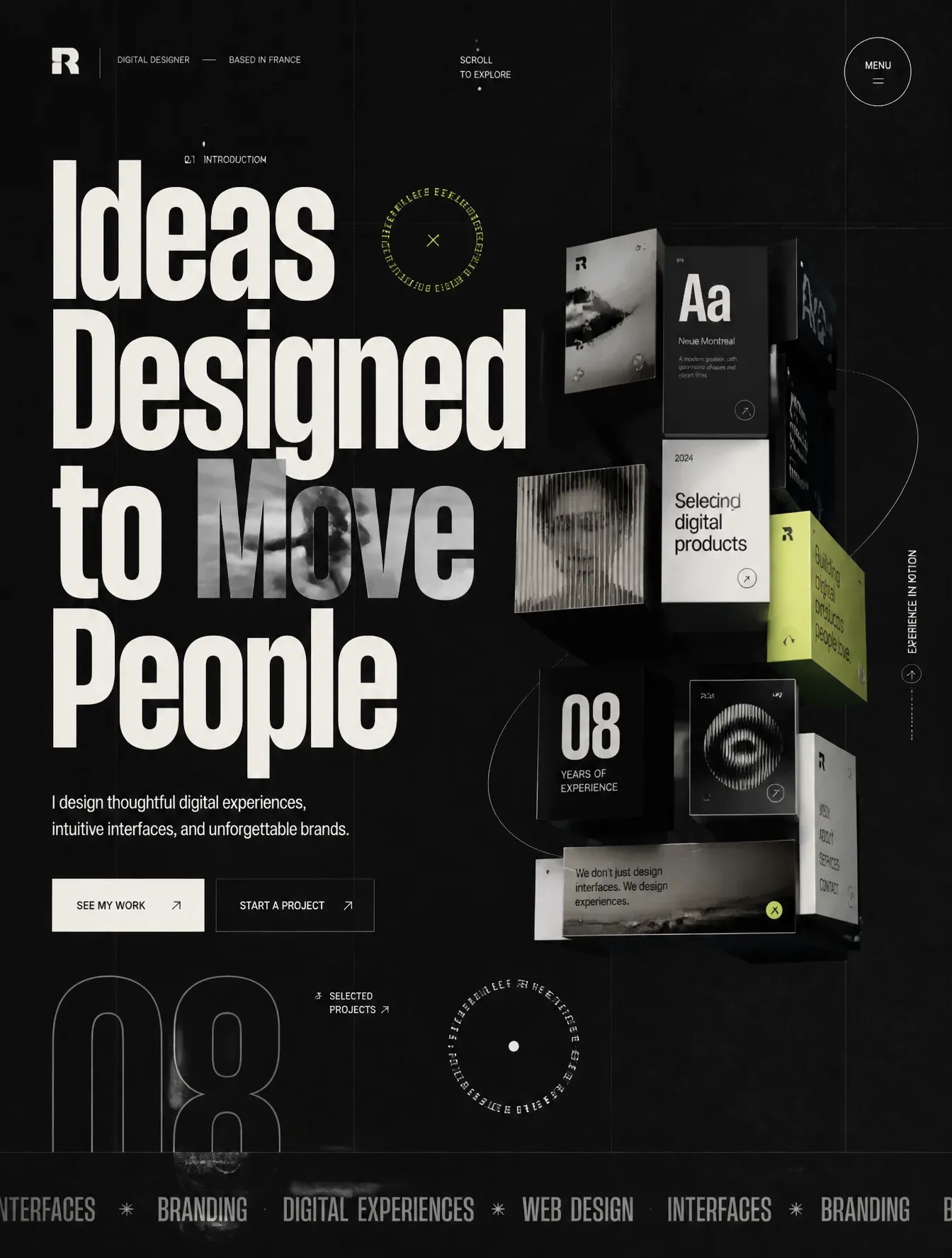 Design a unique portfolio hero section that combines modern editorial design with subtle brutalism.Large bold… - AI提示词参考图，来自西西提示词