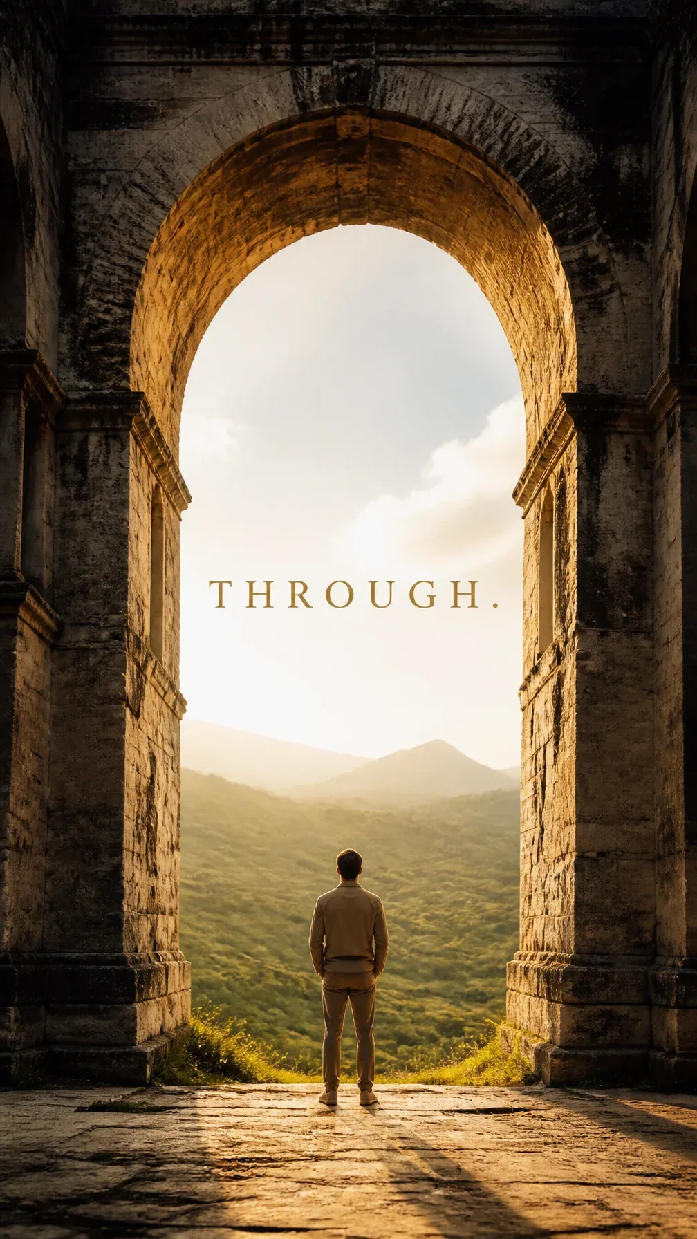 Premium editorial campaign. Main Subject: Young man standing beneath a gigantic abandoned aqueduct arch. Crea… - AI提示词参考图，来自西西提示词