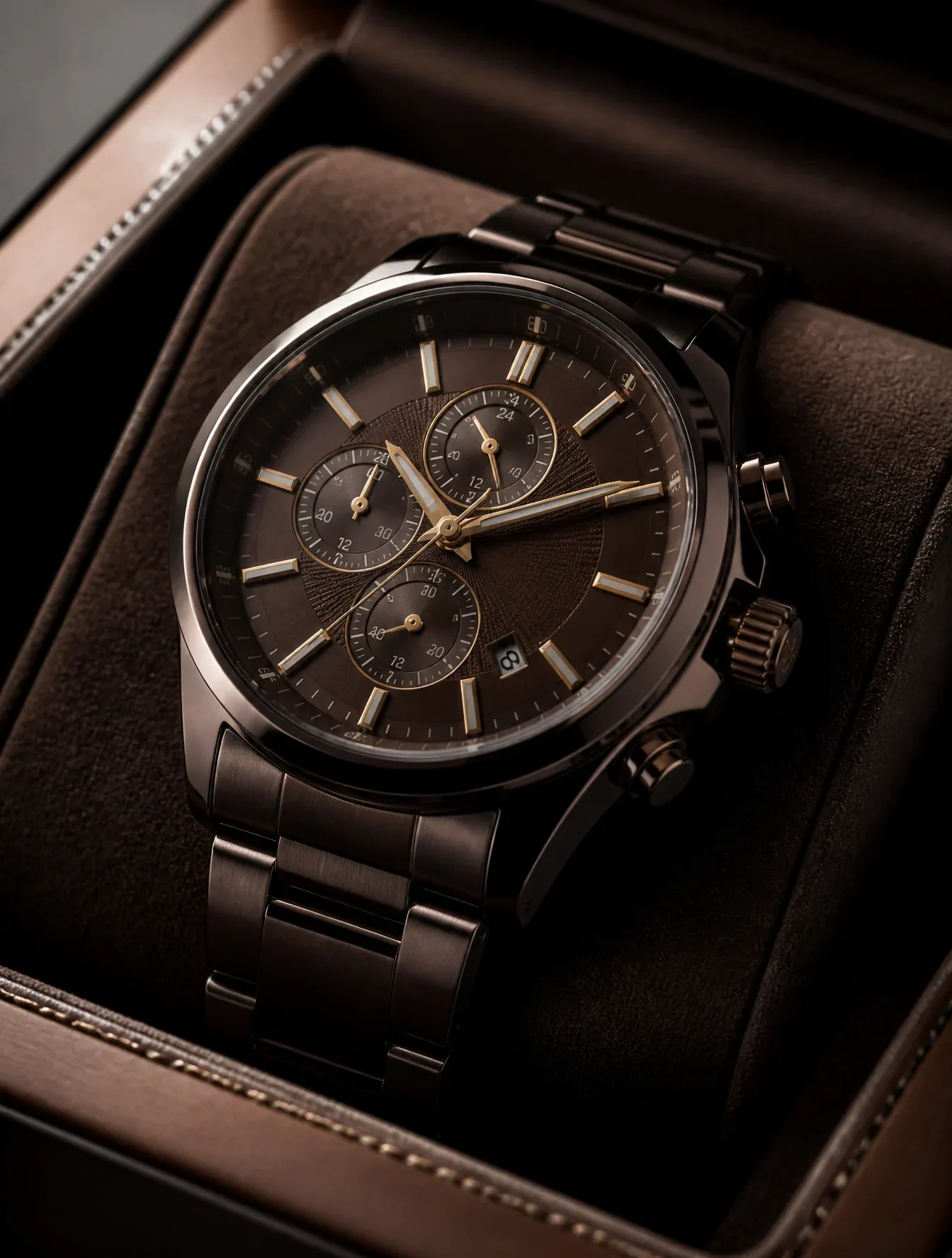 Titan luxury wristwatch, deep dark brown metallic finish with a high-gloss polished sheen, intricate dial det… - AI提示词参考图，来自西西提示词